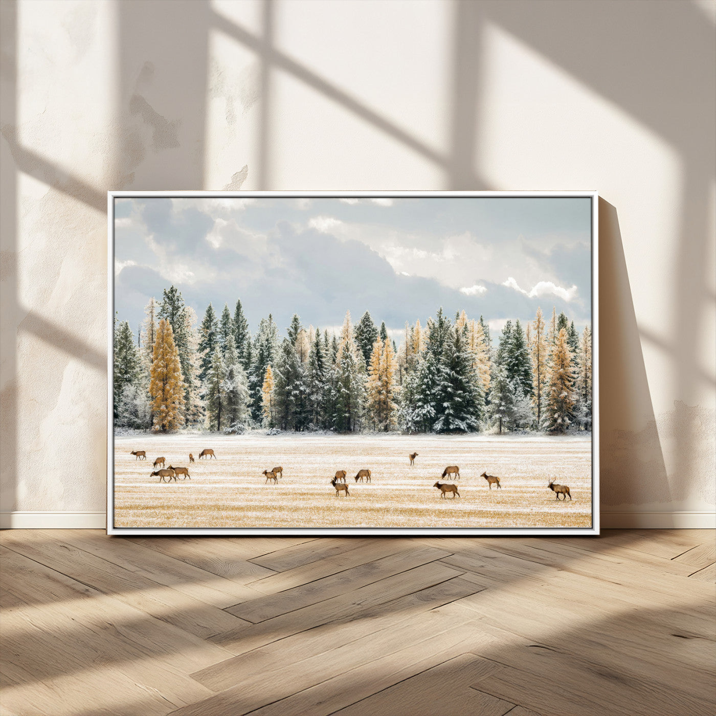 64188182-MGV-CV-36X24-Elk Herd Wall Art Canvas Print, Framed Snowy Forest Art Picture Print, Forest Elks Perfect Neutral Rustic Decor Artwork
