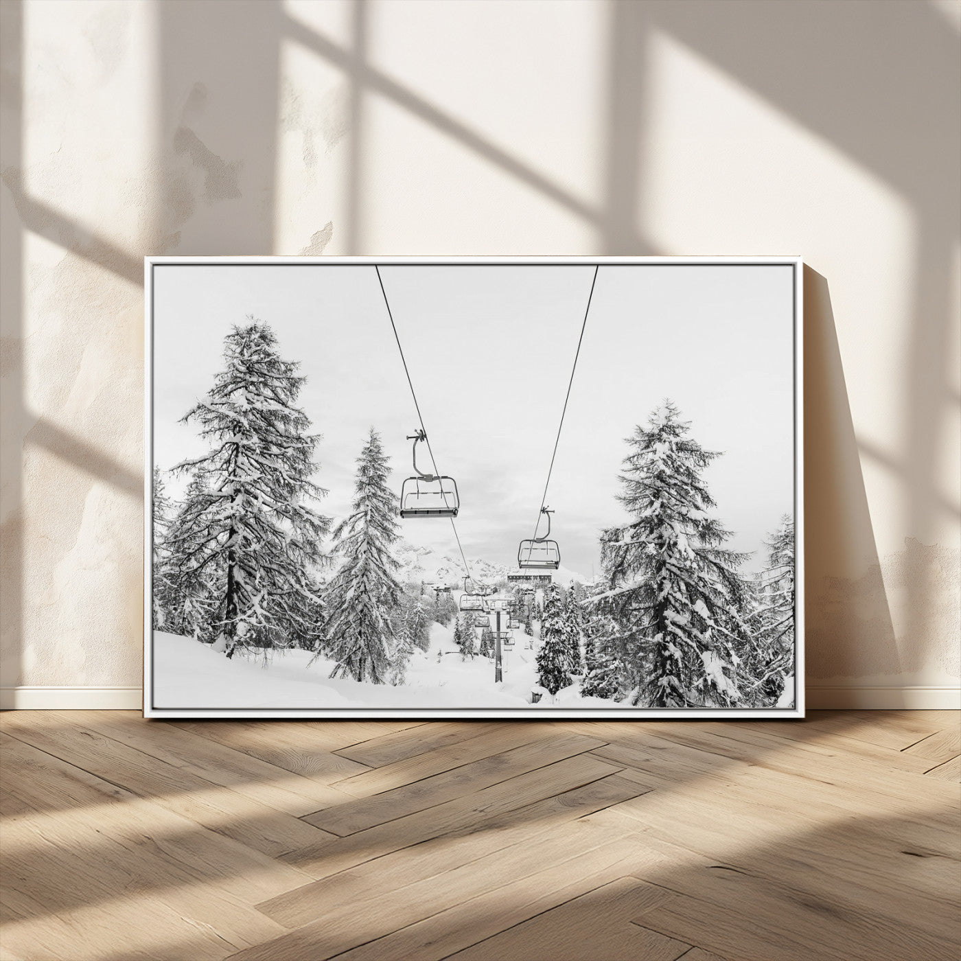 55003599-MGV-CV-36X24-Snowy Ski Lift Wall Art Canvas Print, Framed Winter Forest Art Picture Print, Ski lift Ride Perfect Winter Lodge Decor Artwork