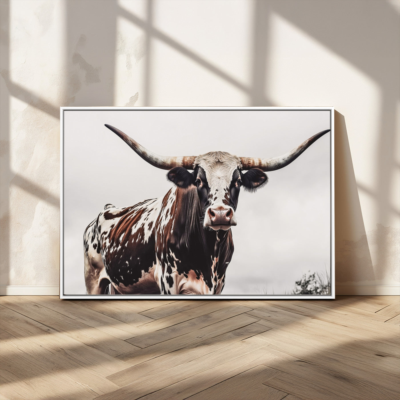 95249234-MGV-CV-36X24-Texas Longhorn Wall Art Canvas Print, Framed Spotted Bull Art Picture Print, Horned Cattle Perfect Rustic Farmhouse Decor Artwork