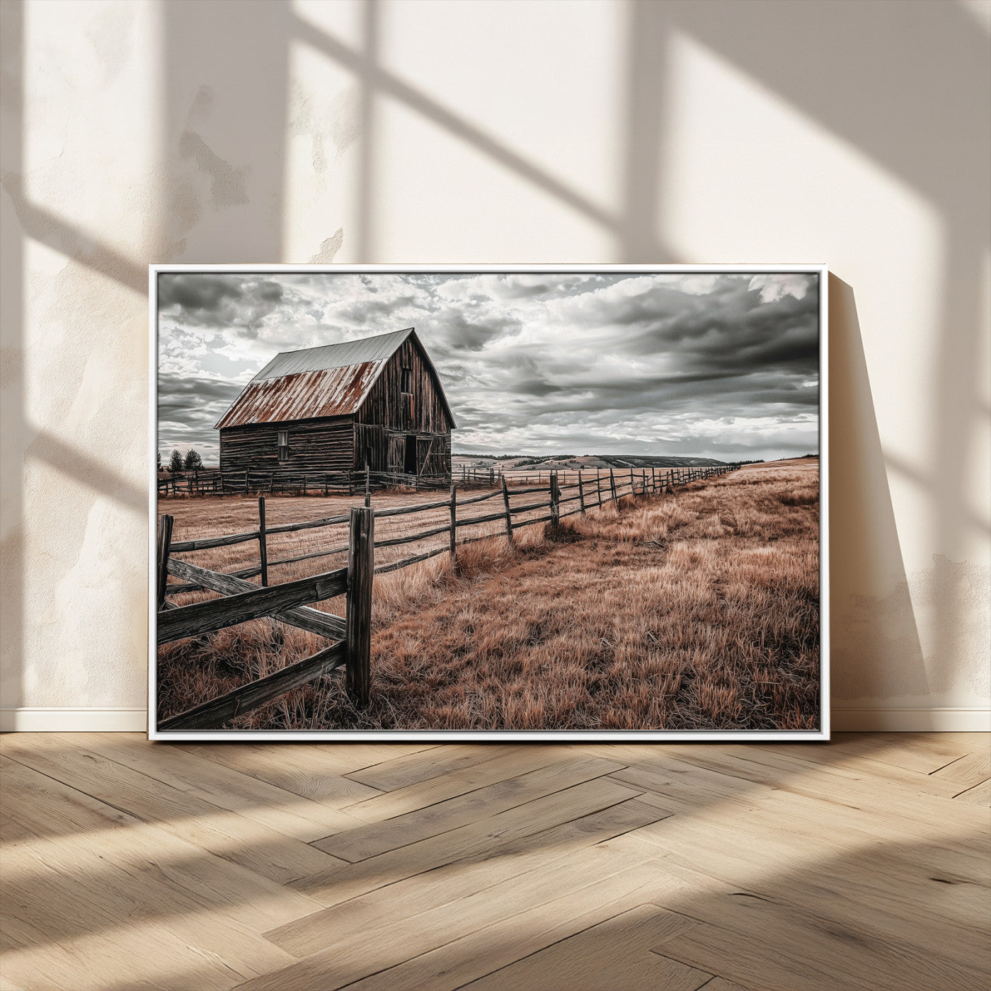 73898372-MGV-CV-36X24-Rustic Barn Wall Art Canvas Print, Framed Moody Field Art Picture Print, Weathered Fence Perfect Moody Farmhouse Decor Artwork