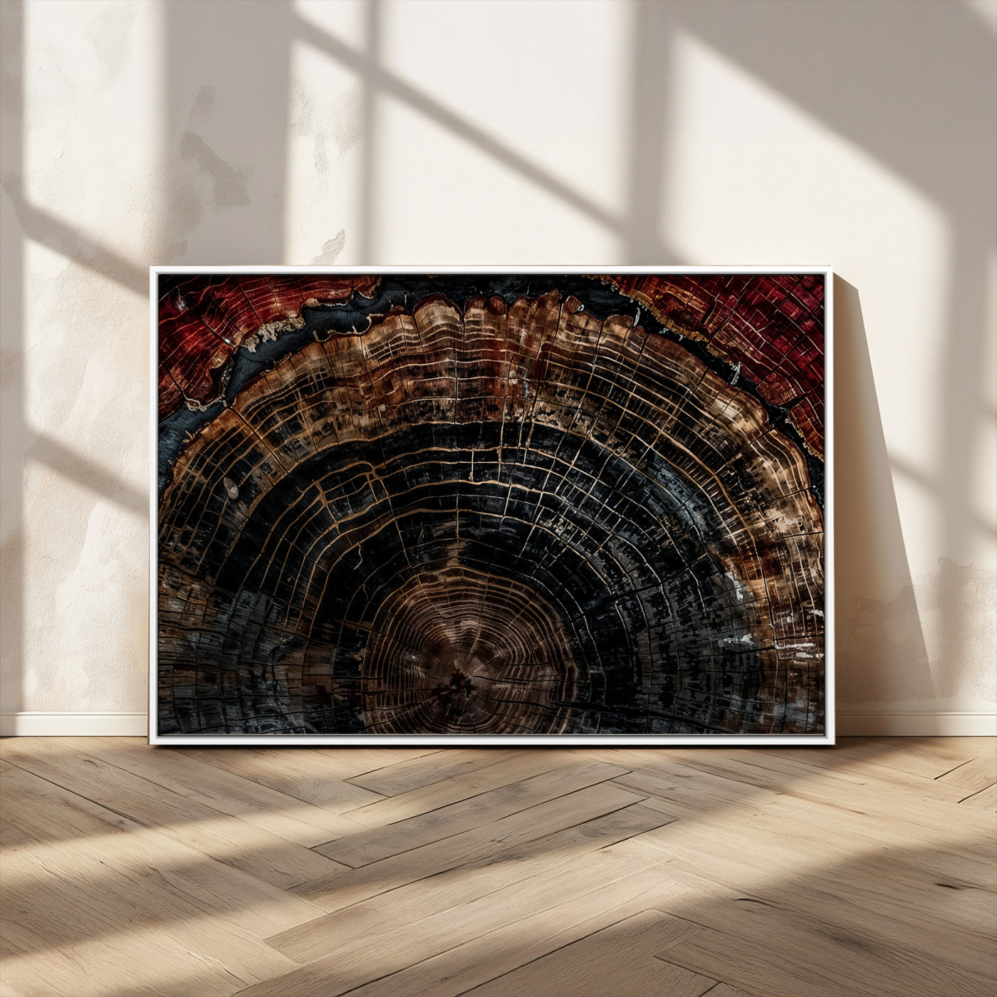 43686762-MGV-CV-36X24-Dark Wood Ring Wall Art Canvas Print, Framed Abstract Wood Tree Art Picture Print, Rustic Tree Slice Perfect Rustic Decor Artwork