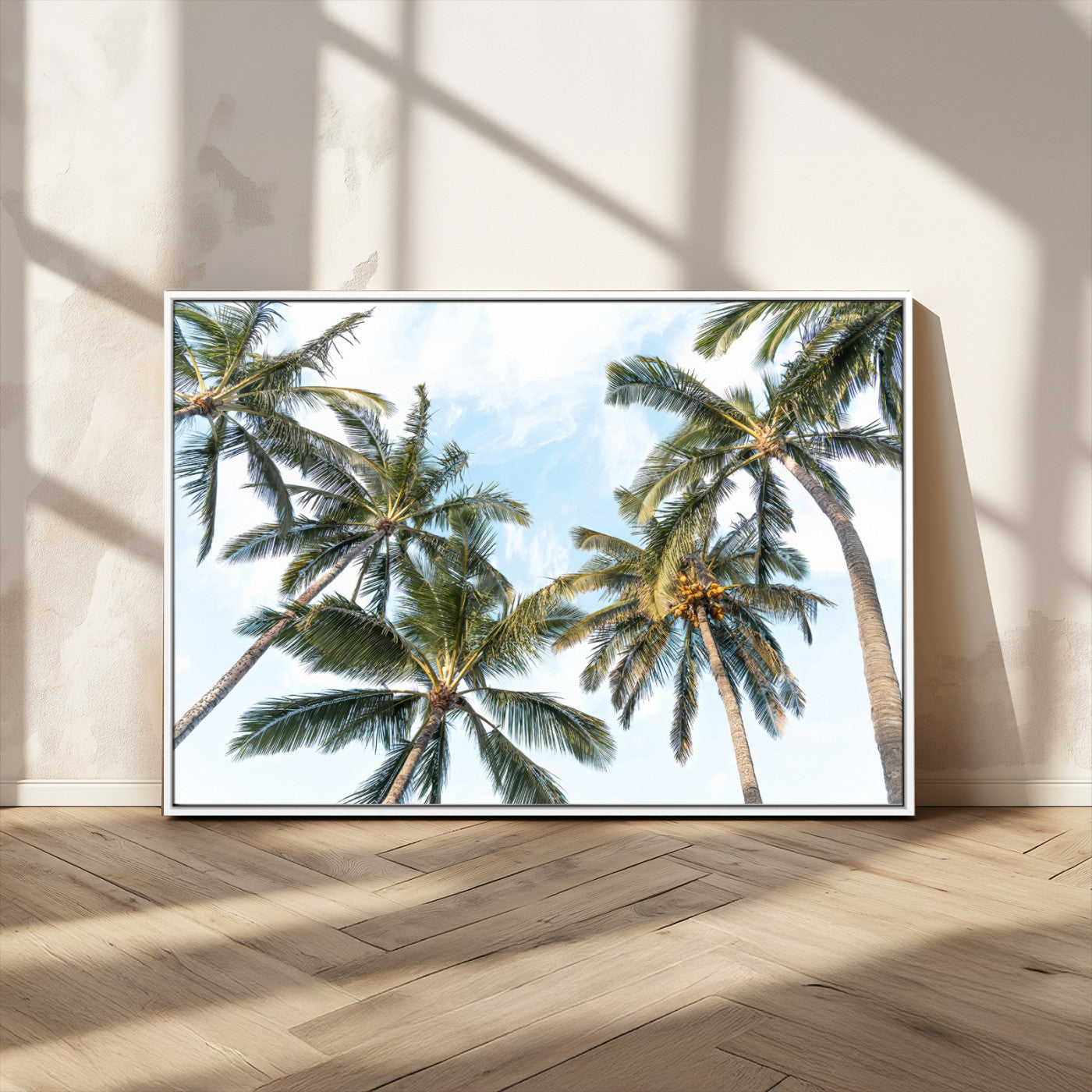 87247012-MGV-CV-36X24-Skyward Palm Trees Wall Art Canvas Print, Framed Tropical Sky Art Picture Print, Coconut Palm Perfect Tropical Skyview Decor
