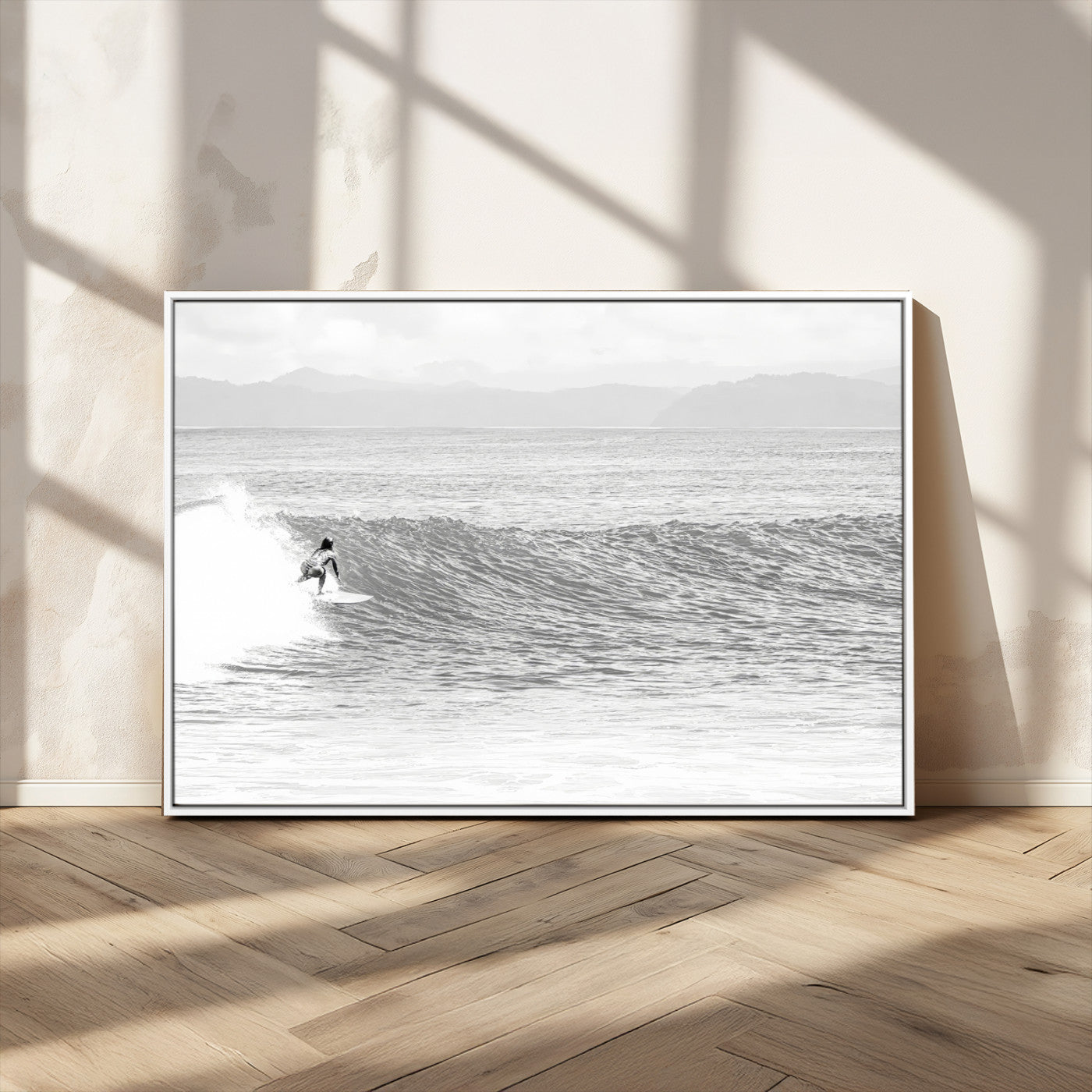 81535128-MGV-CV-36X24-Surfer Woman Wall Art Canvas Print, Framed Black Ocean Art Picture Print, Ocean Surfing Perfect Monochrome Coastal Decor Artwork