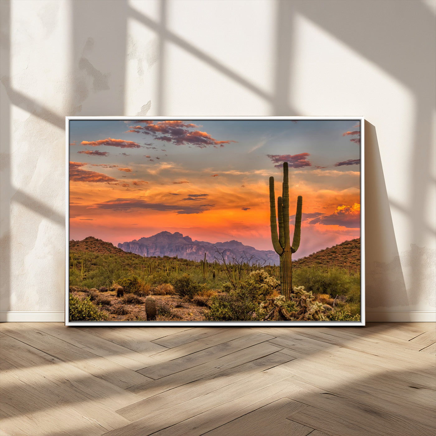 25332783-MGV-CV-36X24-Saguaro Cactus Wall Art Canvas Print, Framed Arizona Sunset Art Picture Print, Sonoran Desert Perfect Southwestern Boho Decor