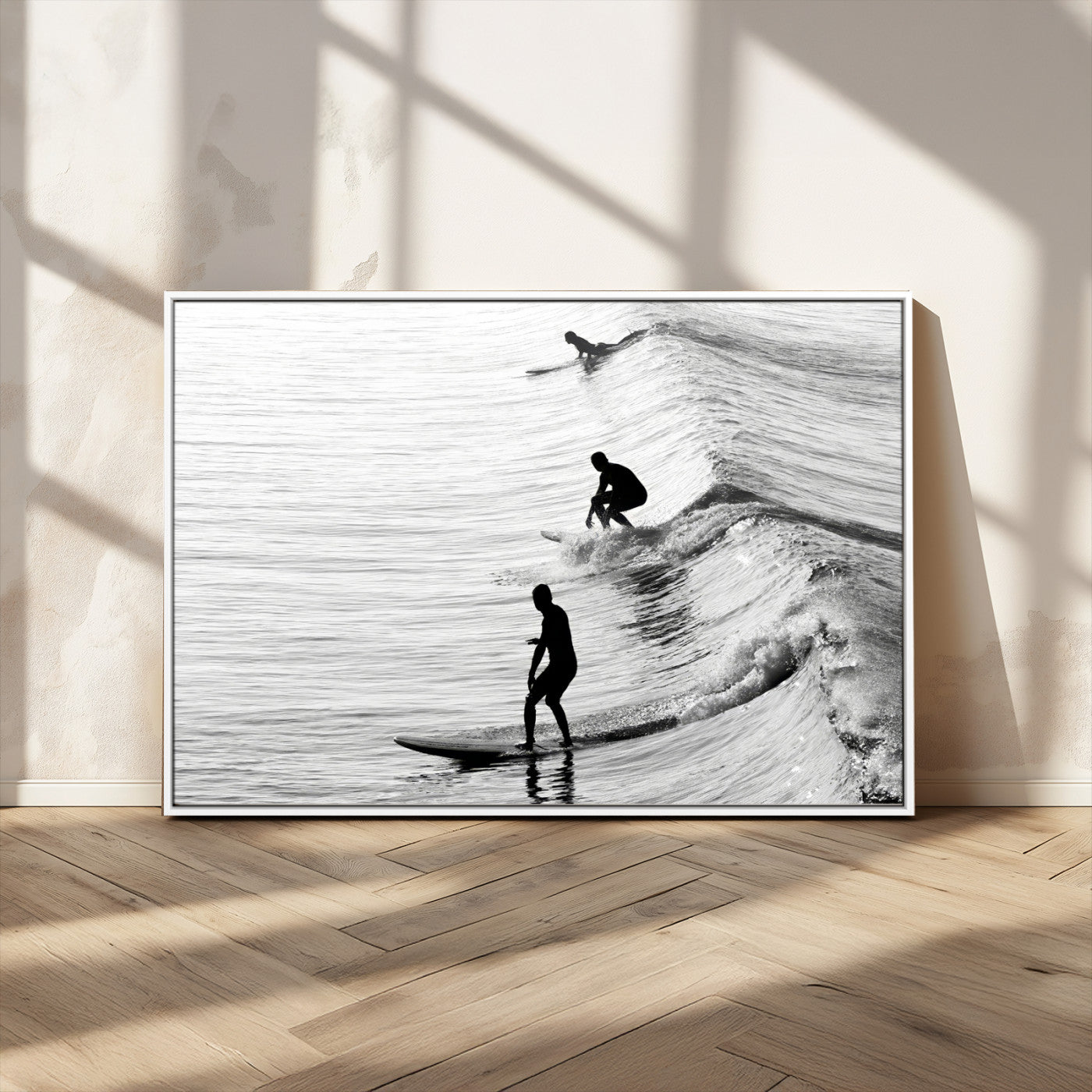 19875284-MGV-CV-36X24-Surfer Waves Wall Art Canvas Print, Framed Black White Surf Art Picture Print, Monochrome Ocean Perfect Modern Coastal Decor