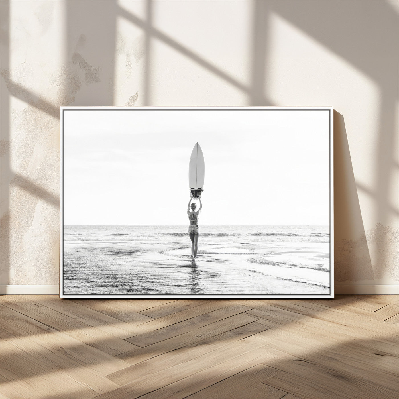 98446901-MGV-CV-36X24-Monochrome Surf Wall Art Canvas Print, Framed Minimalist Surfer Art Picture Print, Surfboard Silhouette Perfect Coastal Minimalist