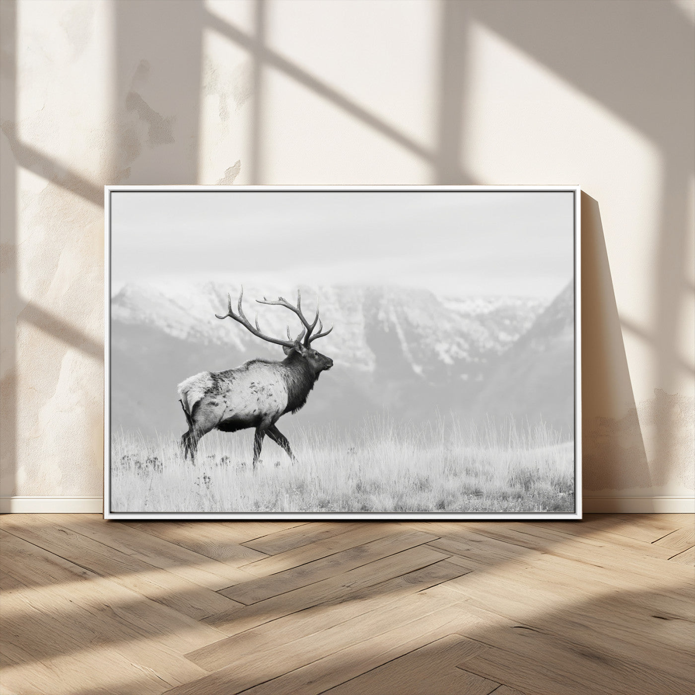 62278753-MGV-CV-36X24-Monochrome Elk Wall Art Canvas Print, Framed Mountain Wildlife Art Picture Print, Rustic Nature Perfect Rustic Minimalist Decor