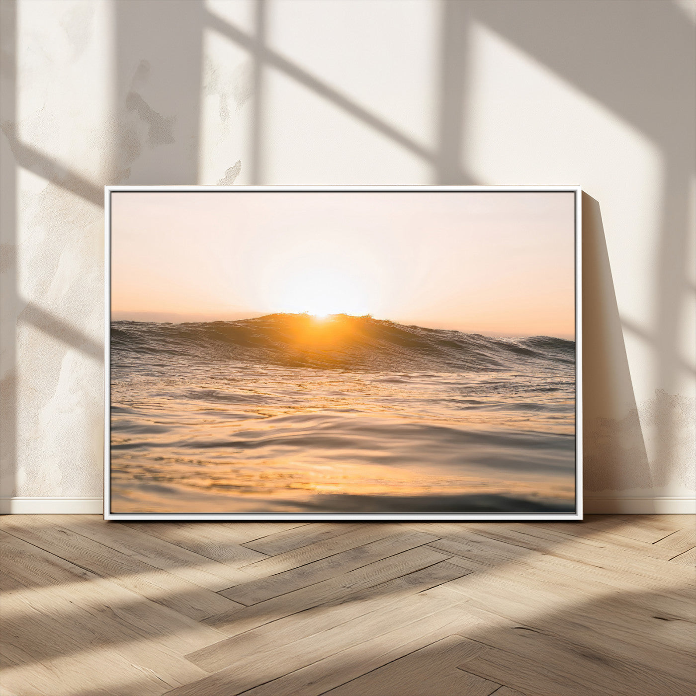 16973771-MGV-CV-36X24-Calm Water Wall Art Canvas Print, Framed Sunset Waves Art Picture Print, Coastal Warmth Perfect Warm Minimalist Decor Artwork