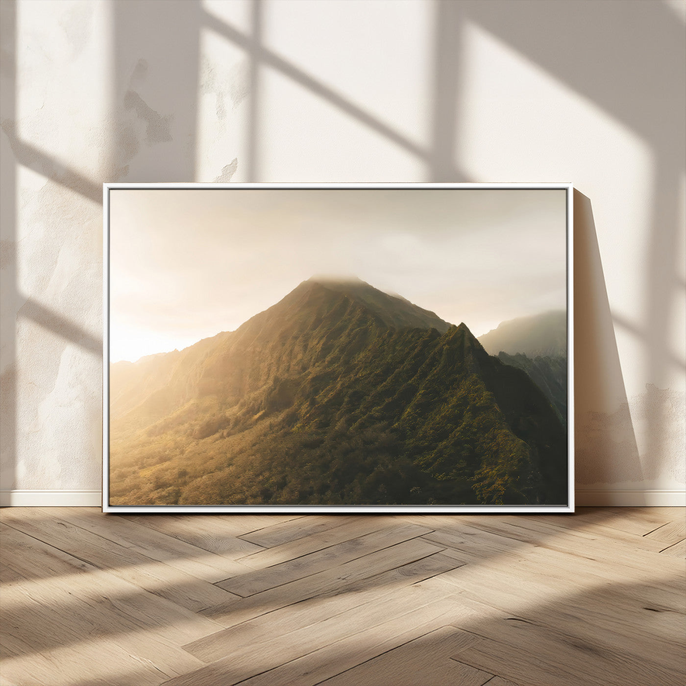 42338636-MGV-CV-36X24-Golden Mountain Wall Art Canvas Print, Framed Misty Summit Art Picture Print, Rugged Landscape Perfect Moody Wilderness Decor