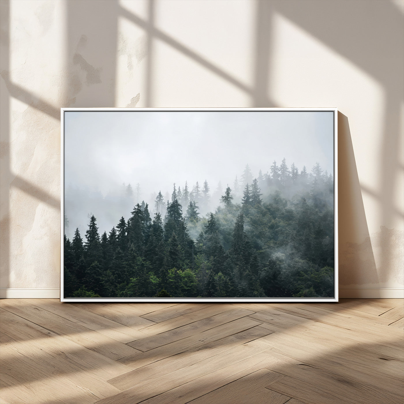 84146572-MGV-CV-36X24-Foggy Pine Trees Wall Art Canvas Print, Framed Forest Nature Art Picture Print, Evergreen Forest Perfect Scandinavian Minimalist