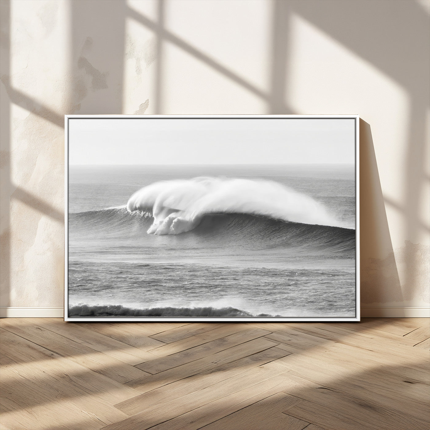 42544082-MGV-CV-36X24-Monochrome Seascape Wall Art Canvas Print, Framed Surf Wave Art Picture Print, Minimalist Ocean Perfect Moody Coastal Decor