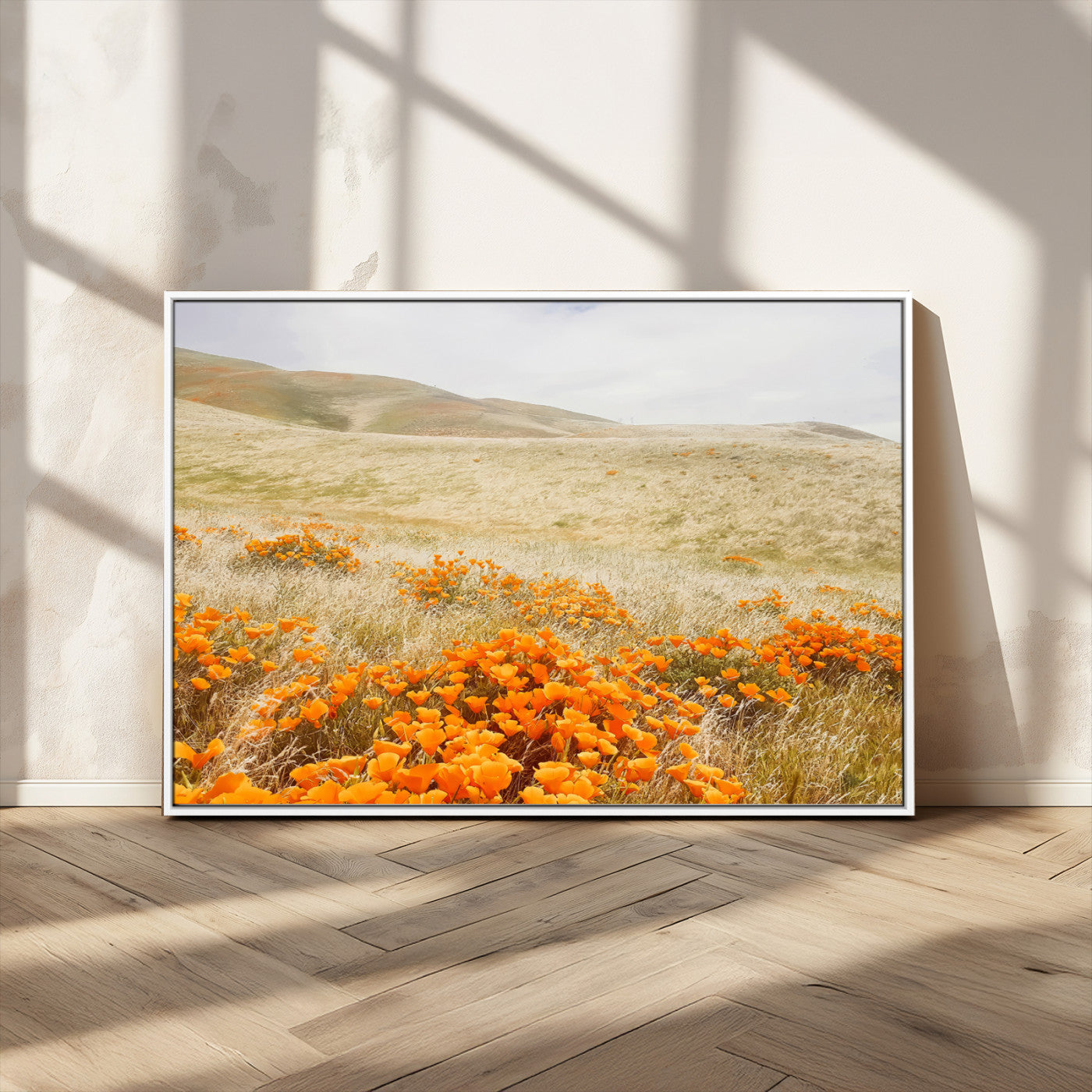28972262-MGV-CV-36X24-Golden Wildflowers Wall Art Canvas Print, Framed Hills Bloom Art Picture Print, Poppy Meadow Perfect Rustic Nature Decor Artwork