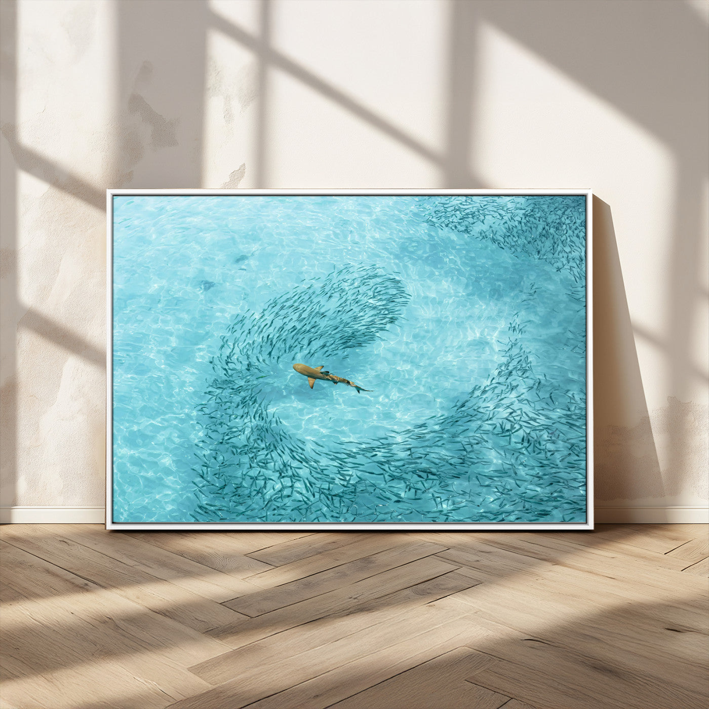 43671474-MGV-CV-36X24-Fish Swarm Wall Art Canvas Print, Framed Marine Life Art Picture Print, Shark Aerial Perfect Wildlife Coastal Decor Artwork