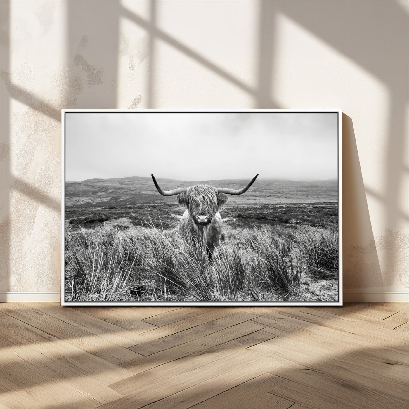 24051061-MGV-CV-36X24-Monochrome Highland Cow Wall Art Canvas Print, Framed Scottish Bull Art Picture Print, Lone Cattle Perfect Rustic Farmhouse Decor