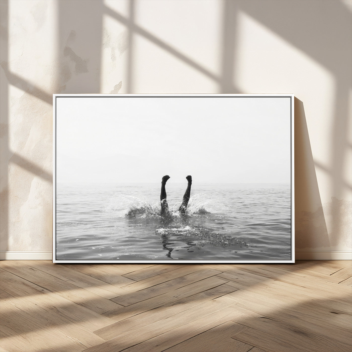 26667396-MGV-CV-36X24-Black White Ocean Wall Art Canvas Print, Framed Monochrome Water Art Picture Print, Diving into Water Perfect Minimalist Aquatic