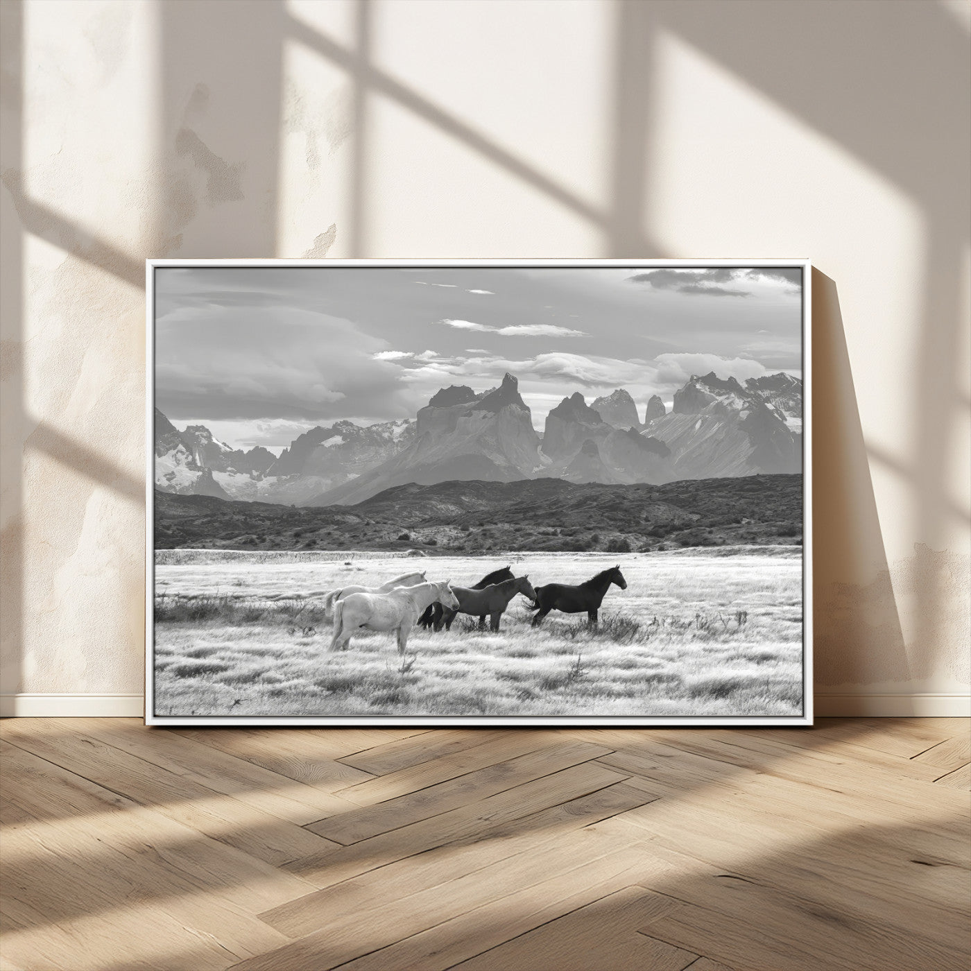21655040-MGV-CV-36X24-Wild Horses Wall Art Canvas Print, Framed Black White Mountains Art Picture Print, Rustic Countryside Perfect Rustic Western Decor
