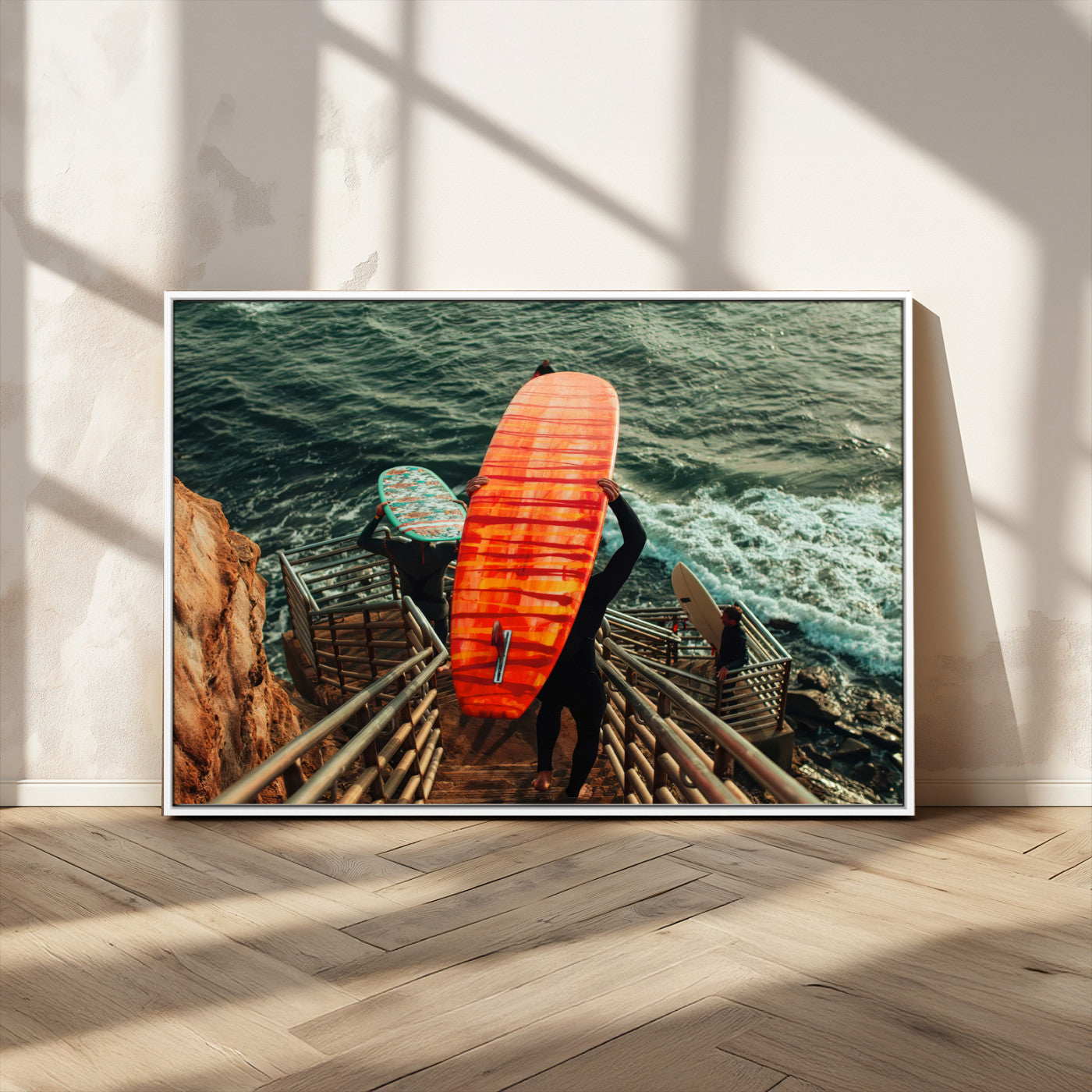 84555848-MGV-CV-36X24-Surfer Stairway Wall Art Canvas Print, Framed Ocean Surf Art Picture Print, Sunset Coastal Perfect Coastal Adventure Decor Artwork