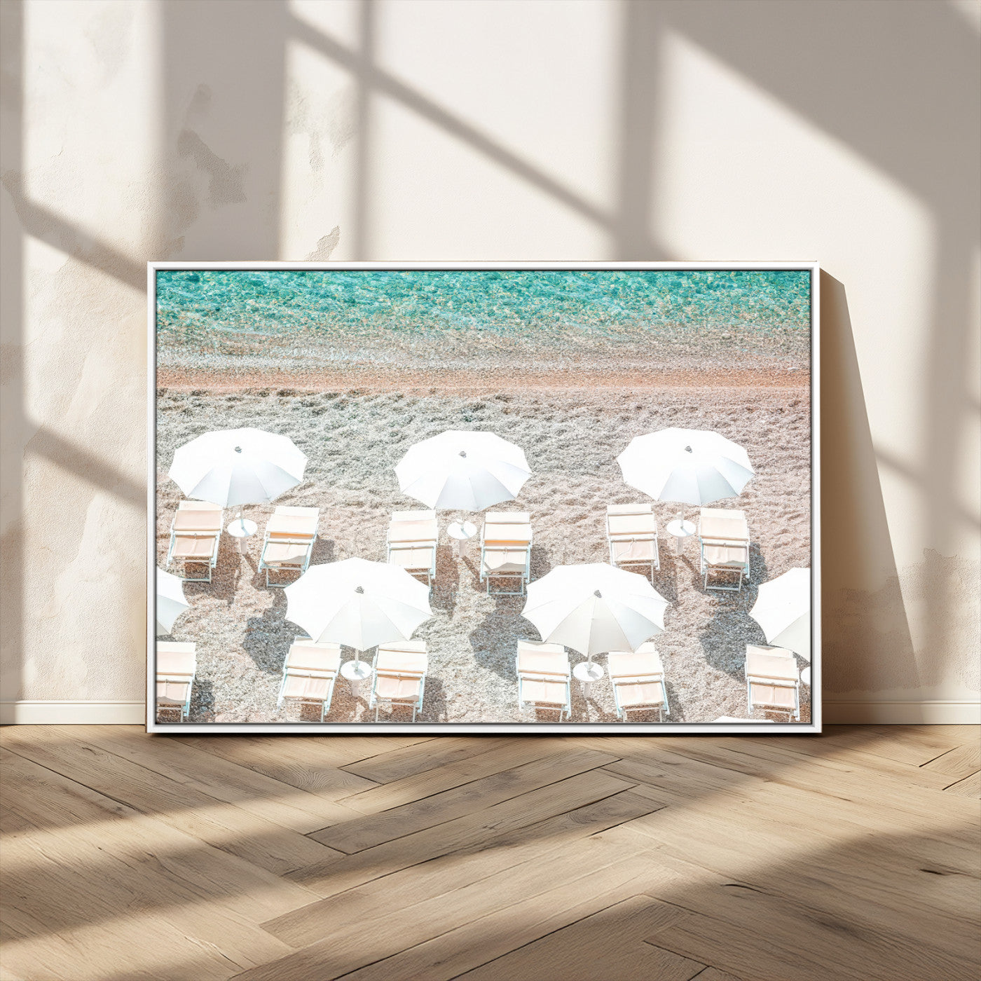 83736167-MGV-CV-36X24-Calm Beach Wall Art Canvas Print, Framed Turquoise Water Art Picture Print, Umbrella Shoreline Perfect Coastal Minimalist Decor