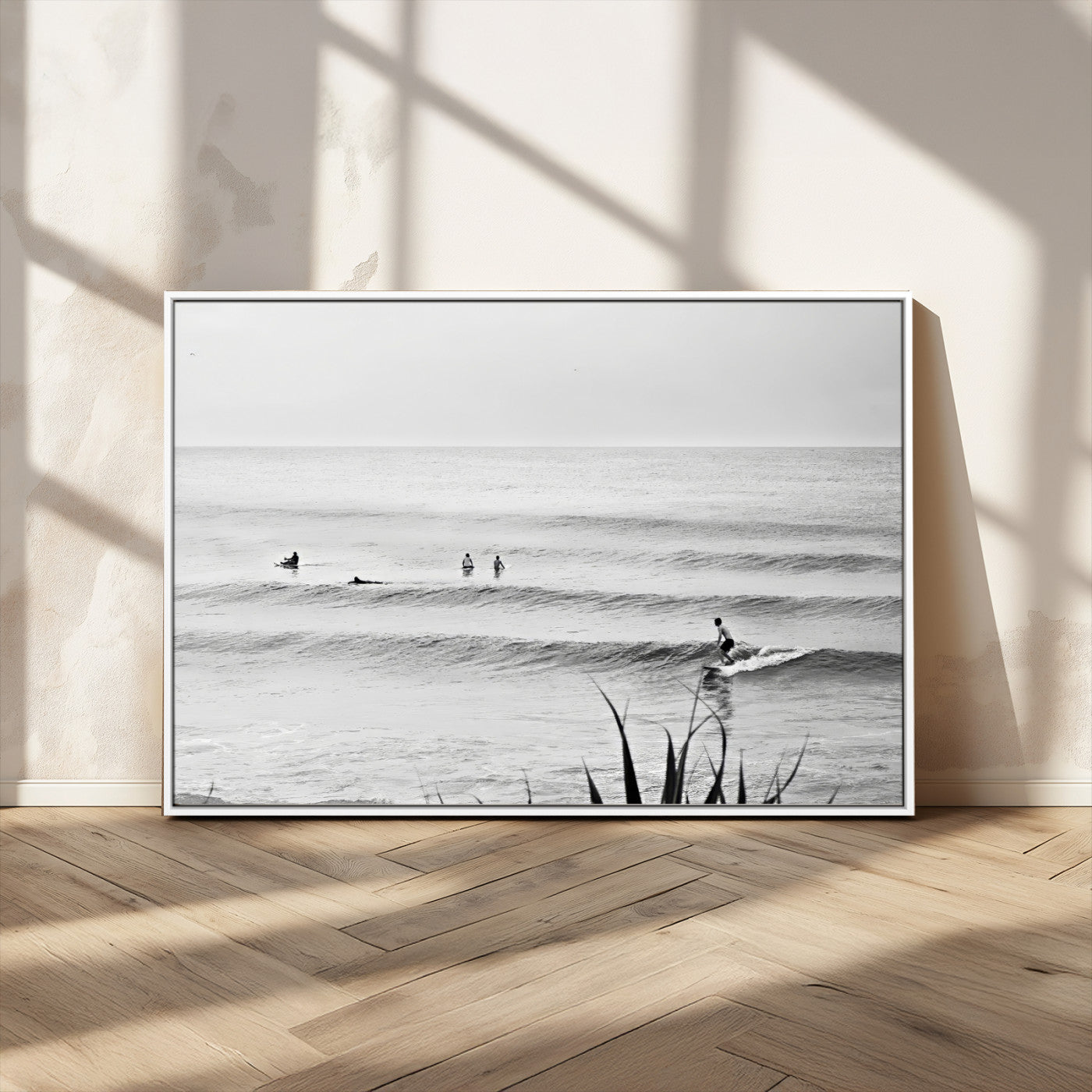 33821421-MGV-CV-36X24-Surfer Silhouette Wall Art Canvas Print, Framed Calm Ocean Art Picture Print, Monochrome Surf Perfect Minimalist Coastal Decor