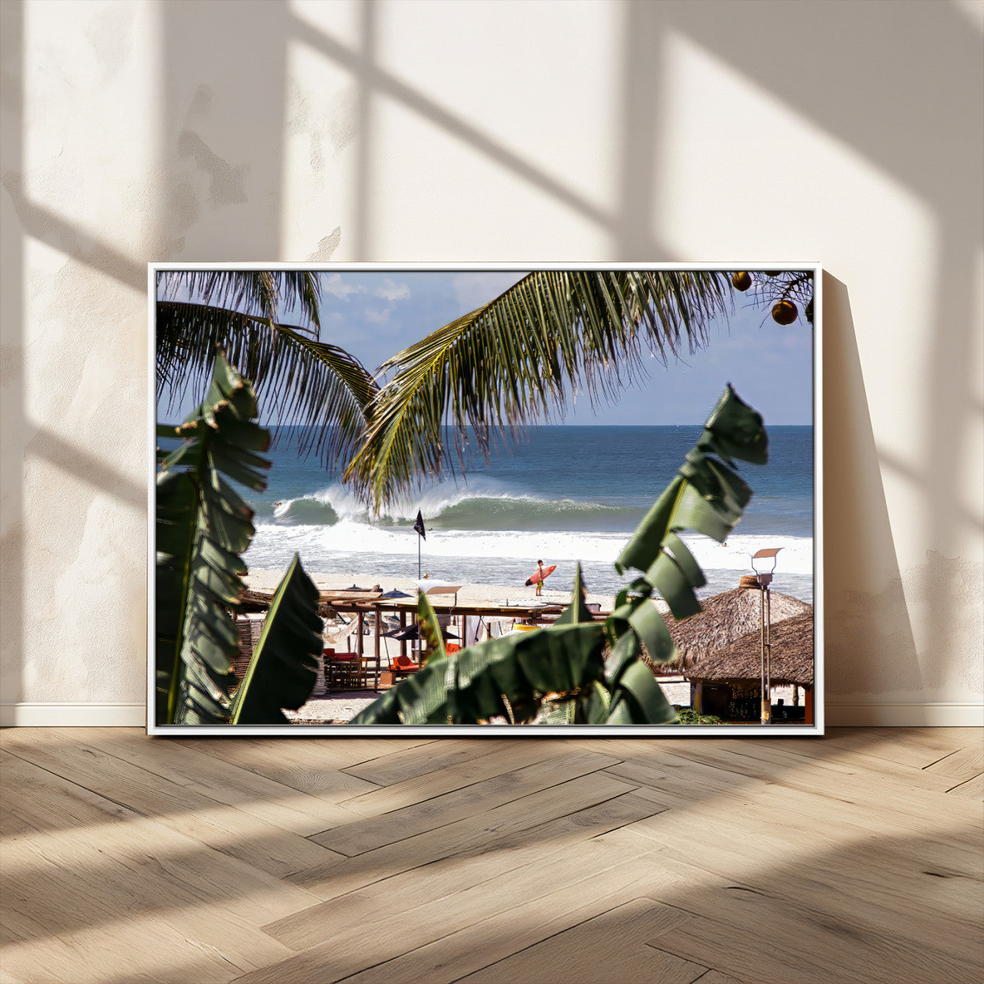 34722557-MGV-CV-36X24-Tropical Shoreline Wall Art Canvas Print, Framed Surfer Beach Art Picture Print, Coastal Surf Perfect Tropical Coastal Decor