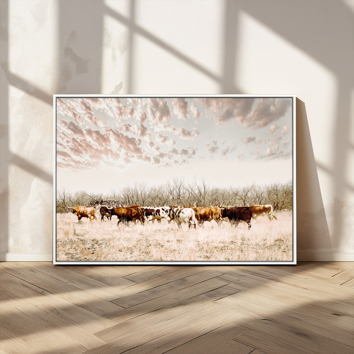 64892775-MGV-CV-36X24-Longhorn Cattle Wall Art Canvas Print, Framed Texas Ranch Art Picture Print, Western Cow Perfect Western Decor Artwork
