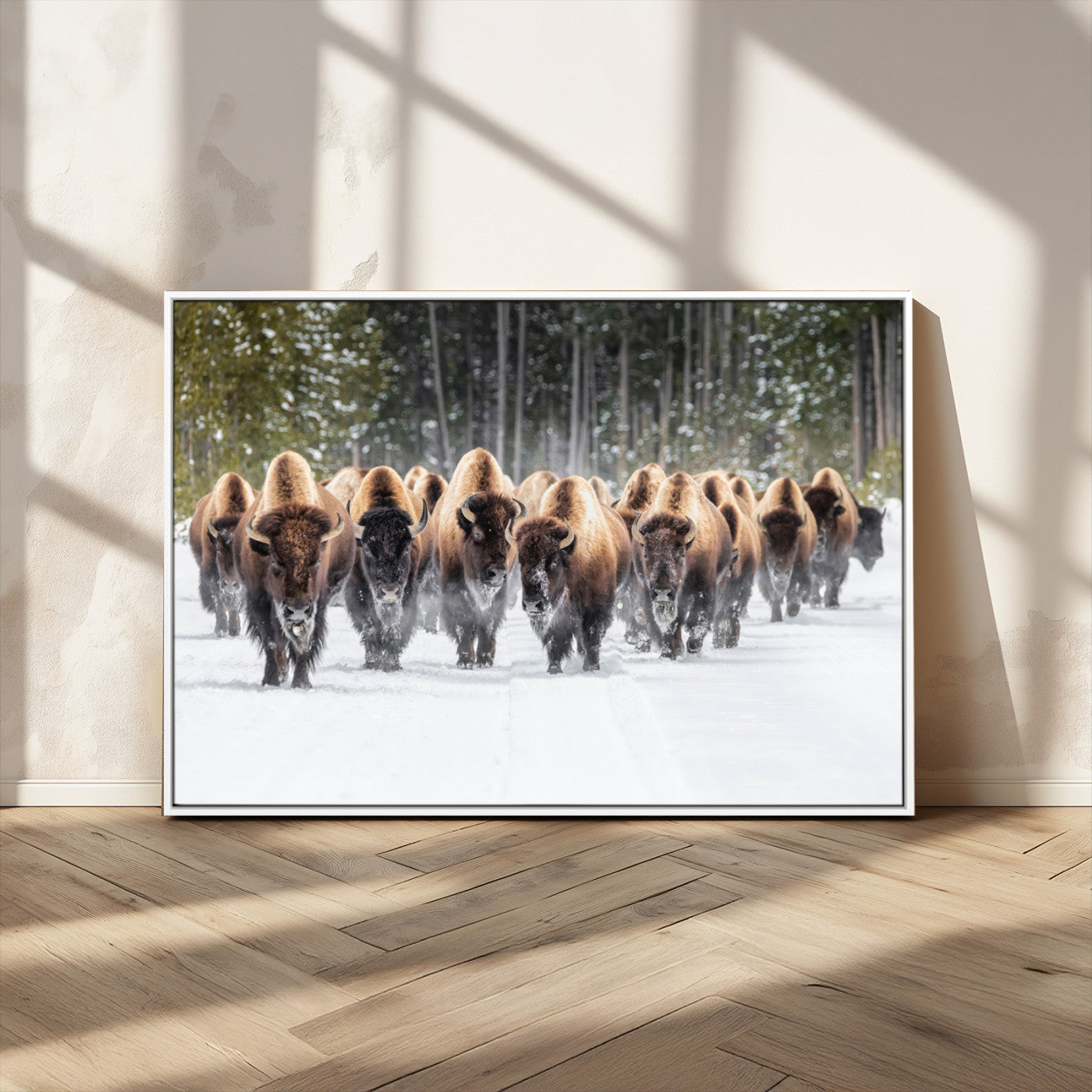 22695857-MGV-CV-36X24-Bison Herd Scene Wall Art Canvas Print, Framed Western Wildlife Art Picture Print, Rustic Animal Art Perfect Rustic Lodge Decor