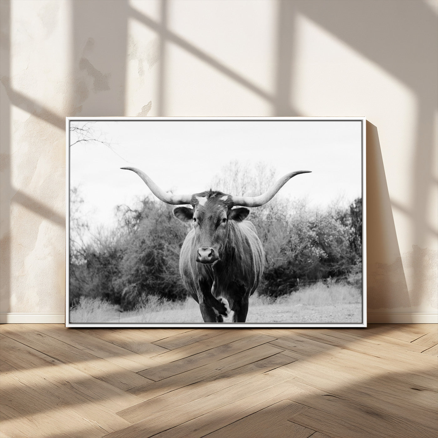 97280319-MGV-CV-36X24-Longhorn Photography Wall Art Canvas Print, Framed Western Cow Decor Art Picture Print, Texas Ranch Style Perfect Rustic Farmhouse