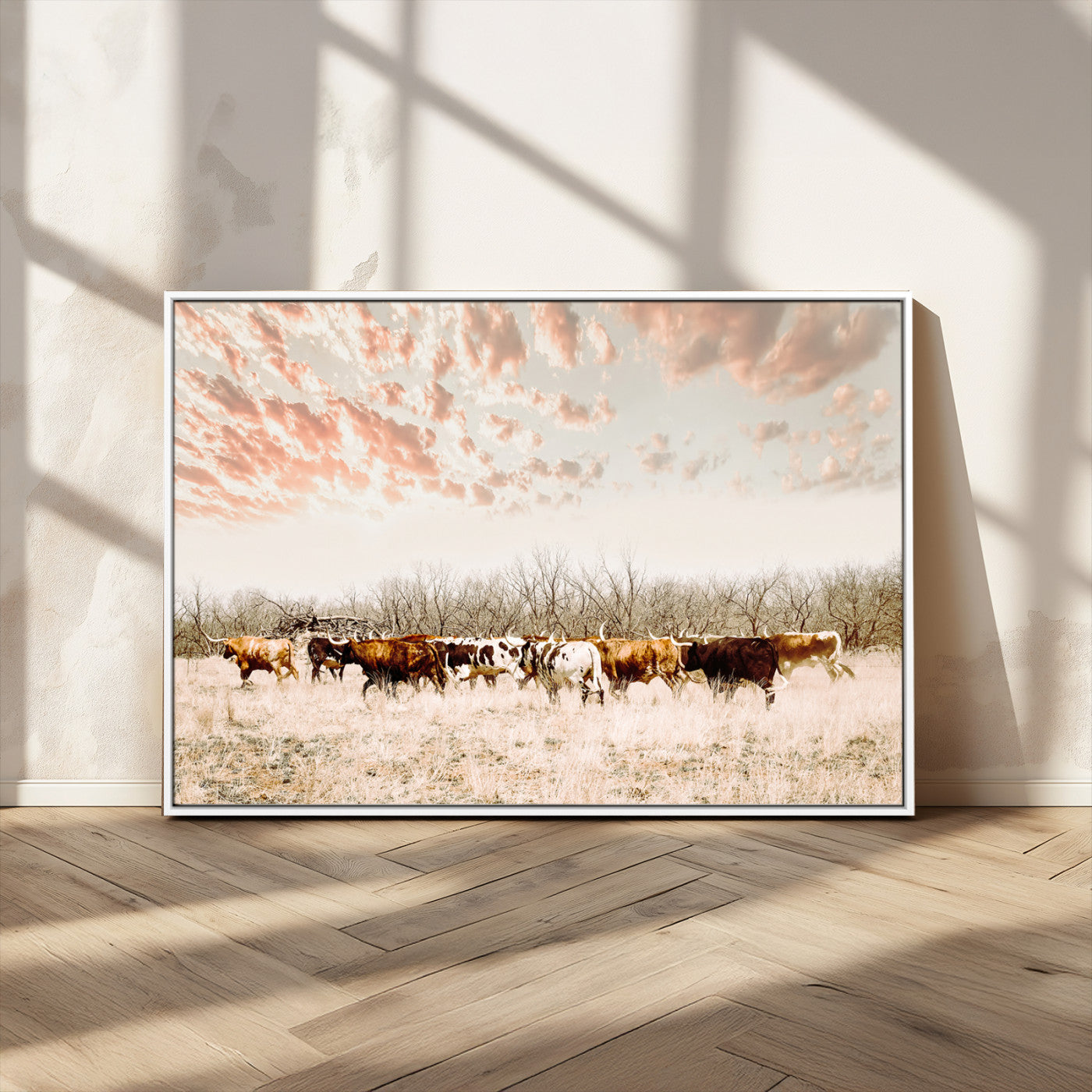 43704663-MGV-CV-36X24-Country Cow Herd Wall Art Canvas Print, Framed Farmhouse Cattle Scene Art Picture Print, Rustic Ranch Decor Perfect Rustic
