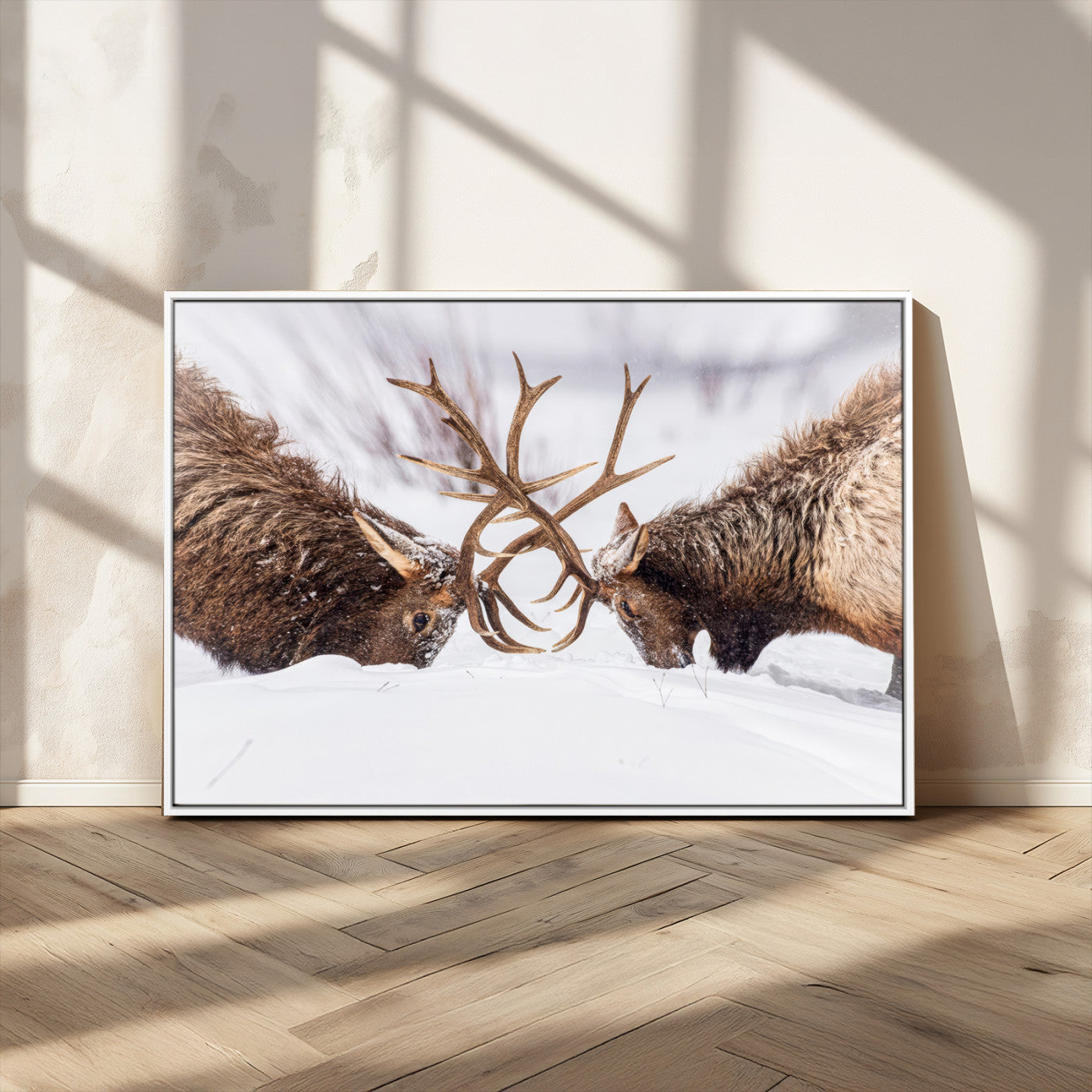36507609-MGV-CV-36X24-Elk Clash Scene Wall Art Canvas Print, Framed Wildlife Strength Decor Art Picture Print, Snowy Forest Elk Perfect Rustic Lodge
