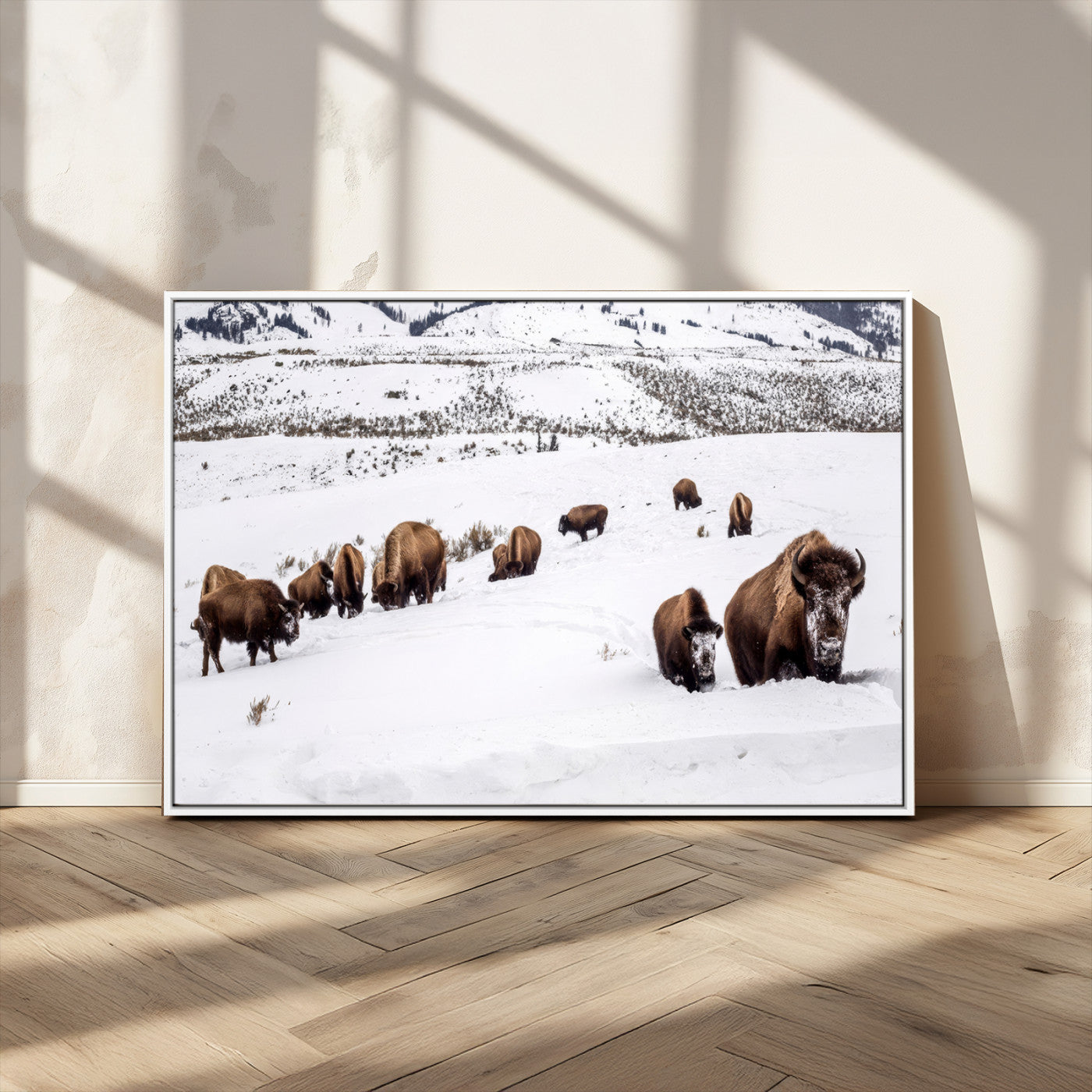13891210-MGV-CV-36X24-Bison Herd Scene Wall Art Canvas Print, Framed Western Wildlife Decor Art Picture Print, Snowy Mountain Valley Perfect Rustic