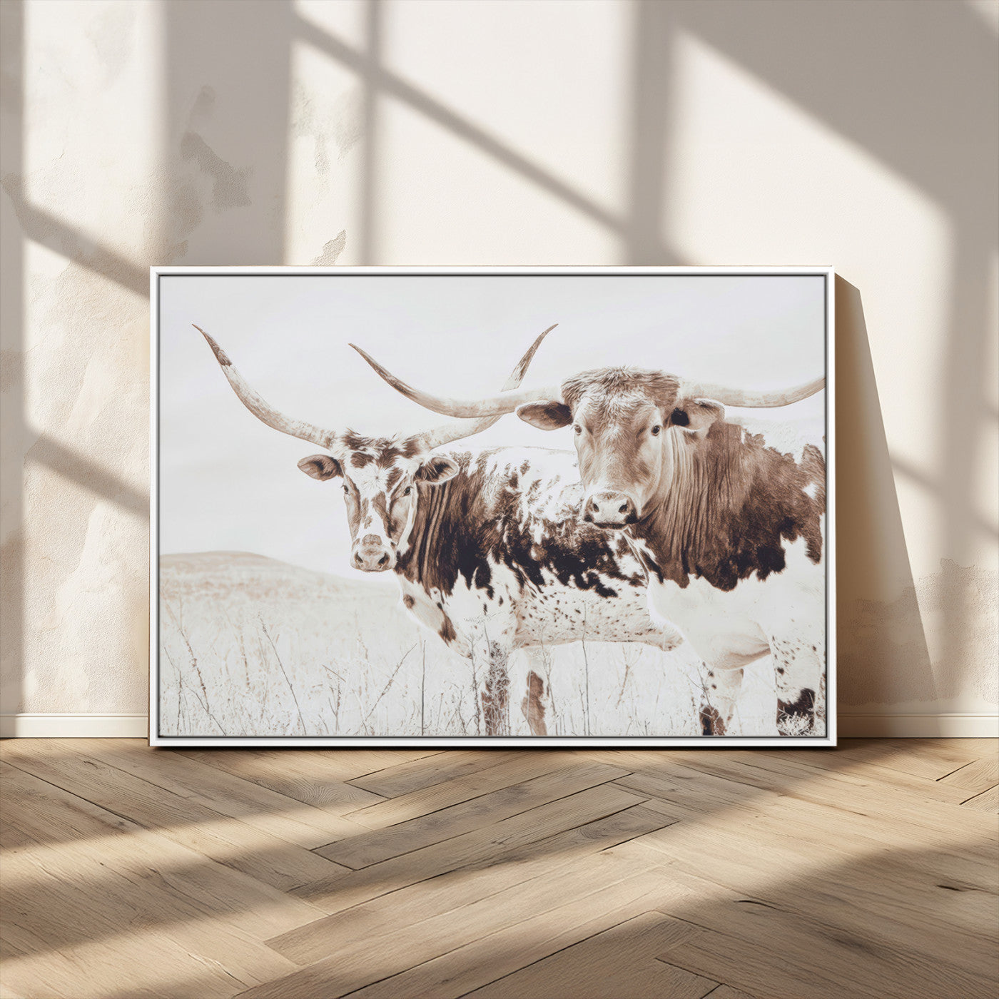 48161868-MGV-CV-36X24-Longhorn Cow Decor Wall Art Canvas Print, Framed Rustic Cattle Art Picture Print, Sepia Western Vibe Perfect Neutral Rustic