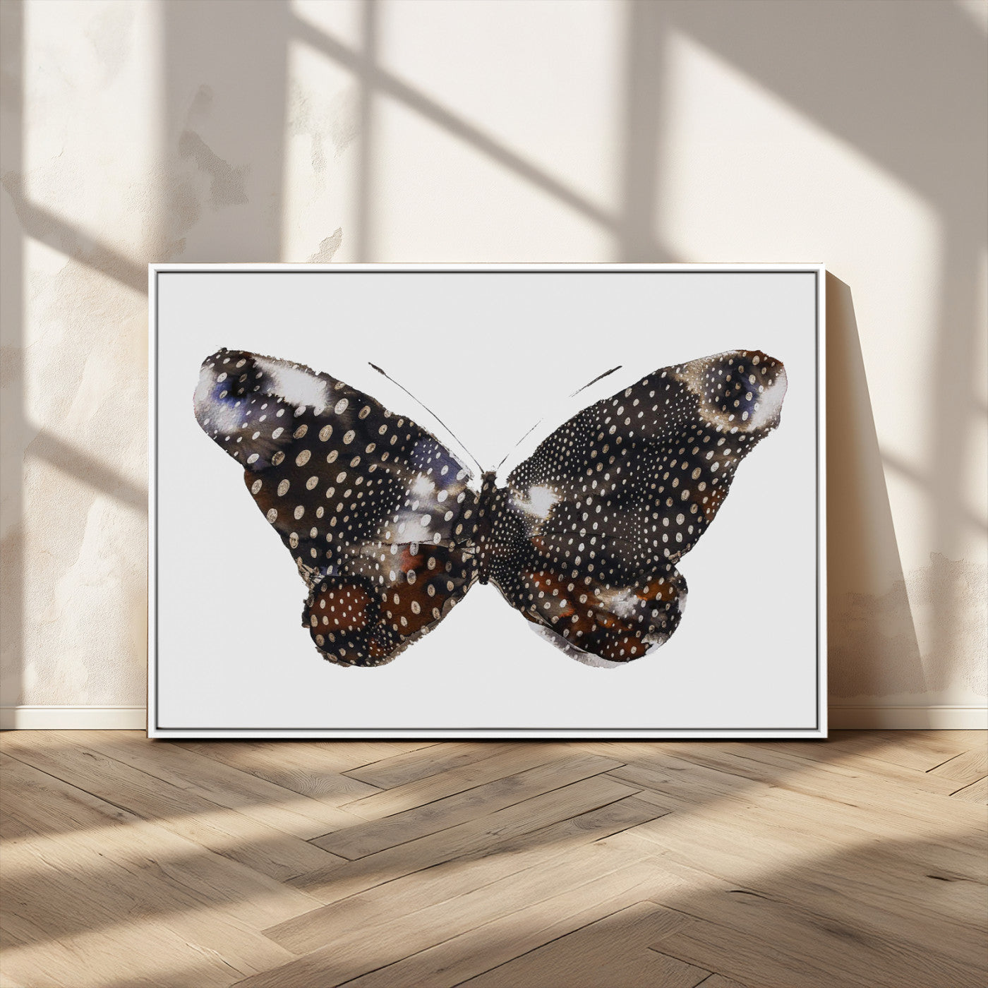 99831147-MGV-CV-36X24-Spotted Butterfly Wall Art Canvas Print, Framed Neutral Insect Theme Art Picture Print, Earthy Wing Pattern Perfect Modern Rustic