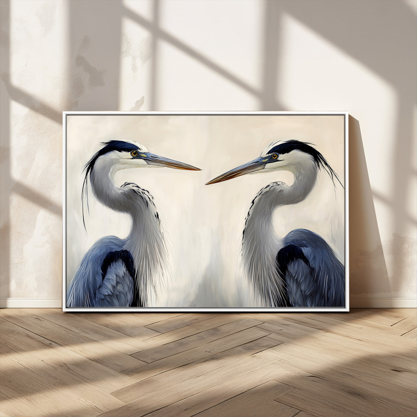 18230556-MGV-CV-36X24-Blue Heron Pair Wall Art Canvas Print, Framed Coastal Bird Theme Art Picture Print, Tranquil Wildlife Scene Perfect Coastal