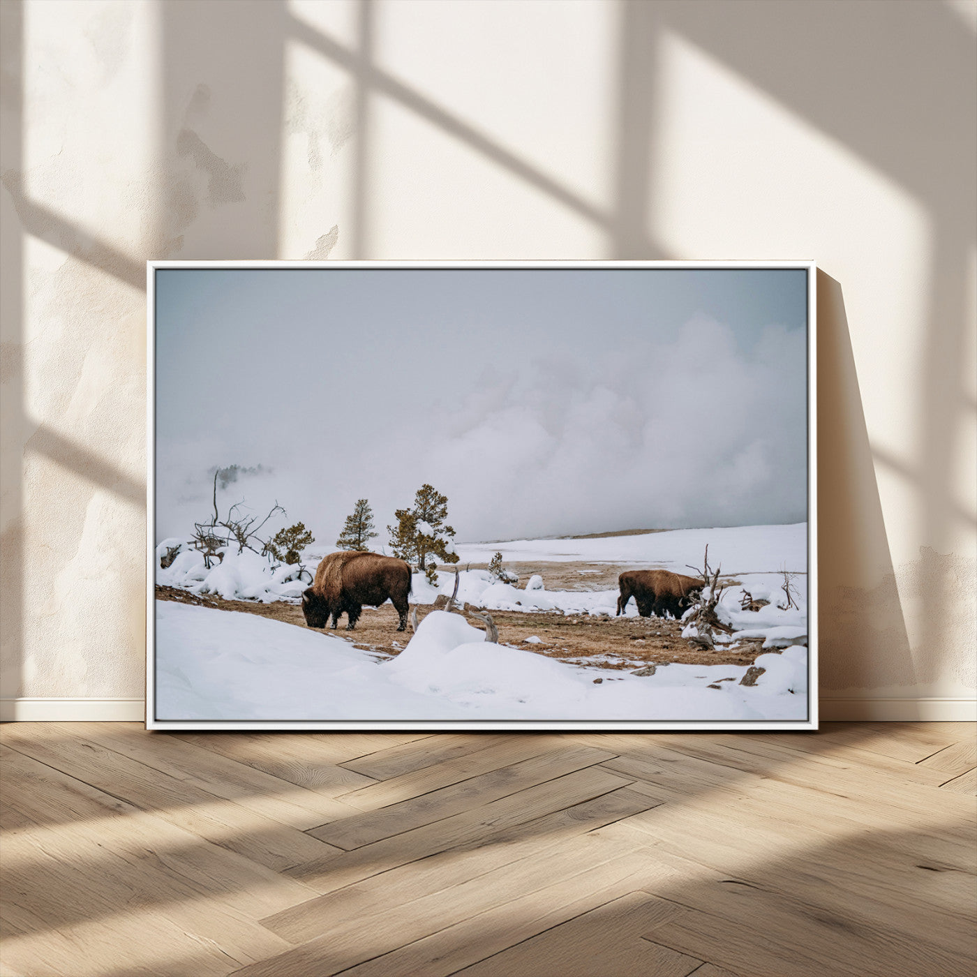 60308289-MGV-CV-36X24-Bison Wildlife Wall Art Canvas Print, Framed Snowy Prairie Art Picture Print, Western Landscape Perfect Rustic Winter Decor