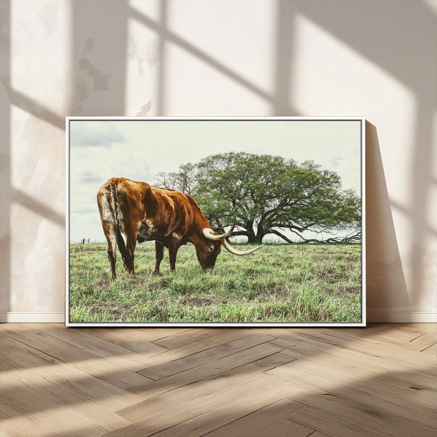 91866234-MGV-CV-36X24-Texas Longhorn Wall Art Canvas Print, Framed Rustic Ranch Art Picture Print, Western Cattle Perfect Rustic Farmhouse Decor Artwork