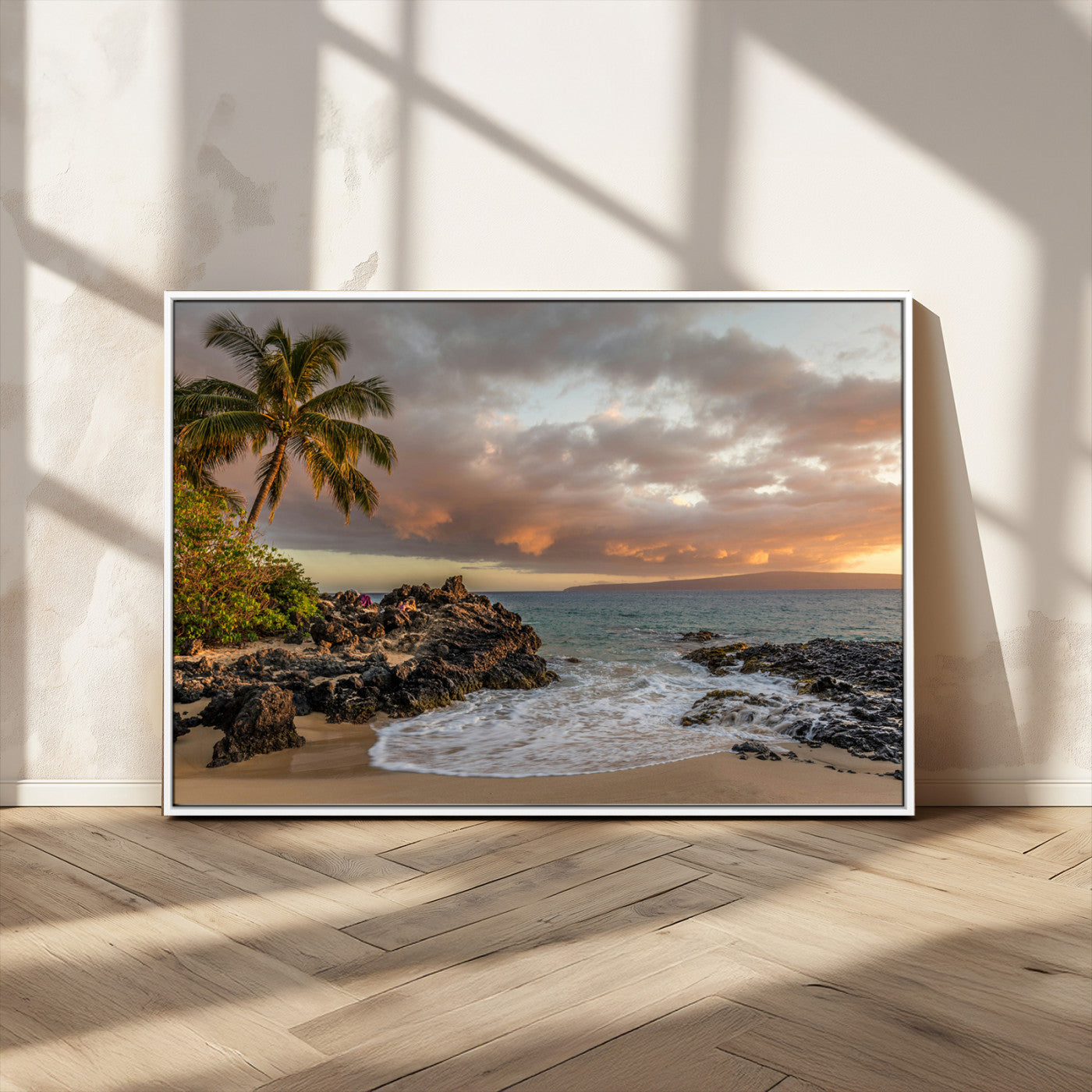 55108220-MGV-CV-36X24-Tropical Beach Wall Art Canvas Print, Framed Hawaiian Sunset Art Picture Print, Ocean Waves Perfect Coastal Tropical Decor Artwork