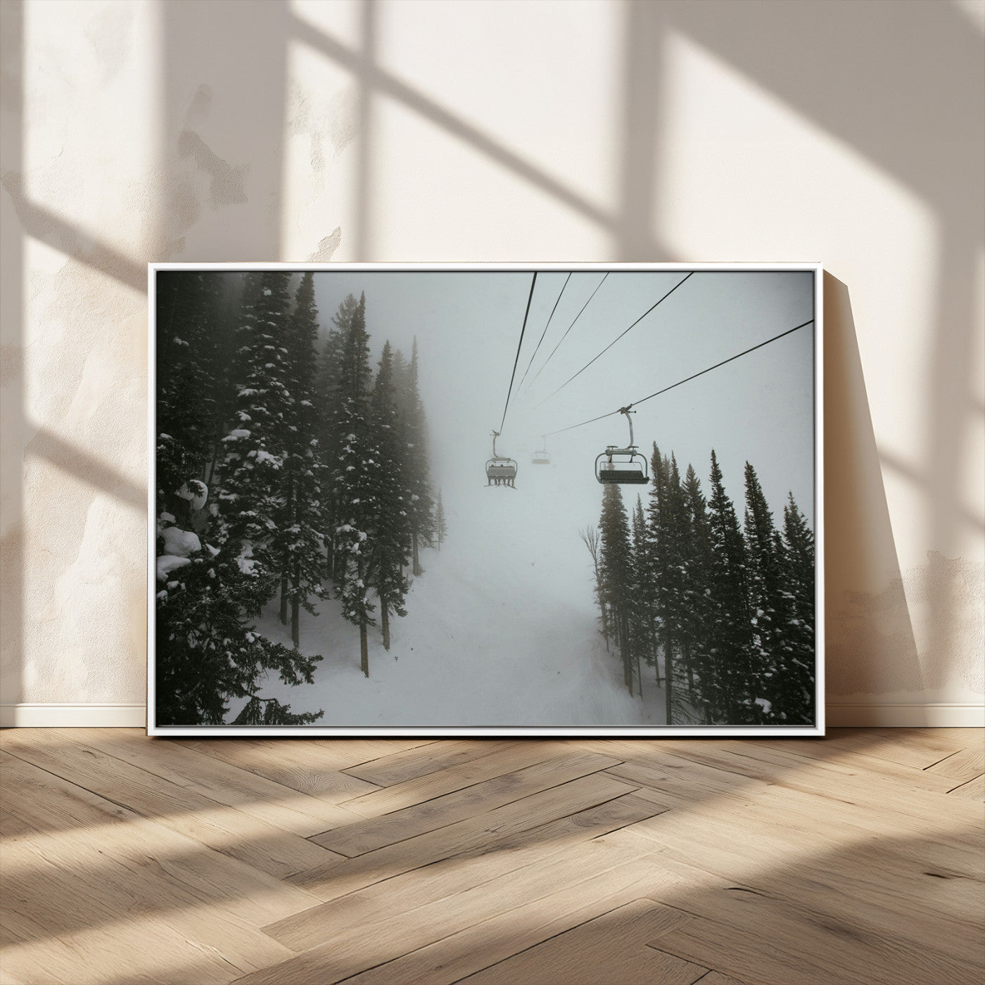 87018452-MGV-CV-36X24-Ski Lift Wall Art Canvas Print, Framed Snowy Pines Art Picture Print, Misty Landscape Perfect Winter Serenity Decor Artwork