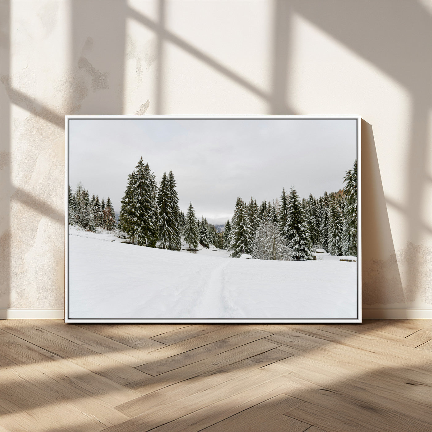 24581417-MGV-CV-36X24-Frosty Pines Wall Art Canvas Print, Framed Silent Snowfall Art Picture Print, Cozy Cabin Vibes Perfect Nordic Minimalist Decor