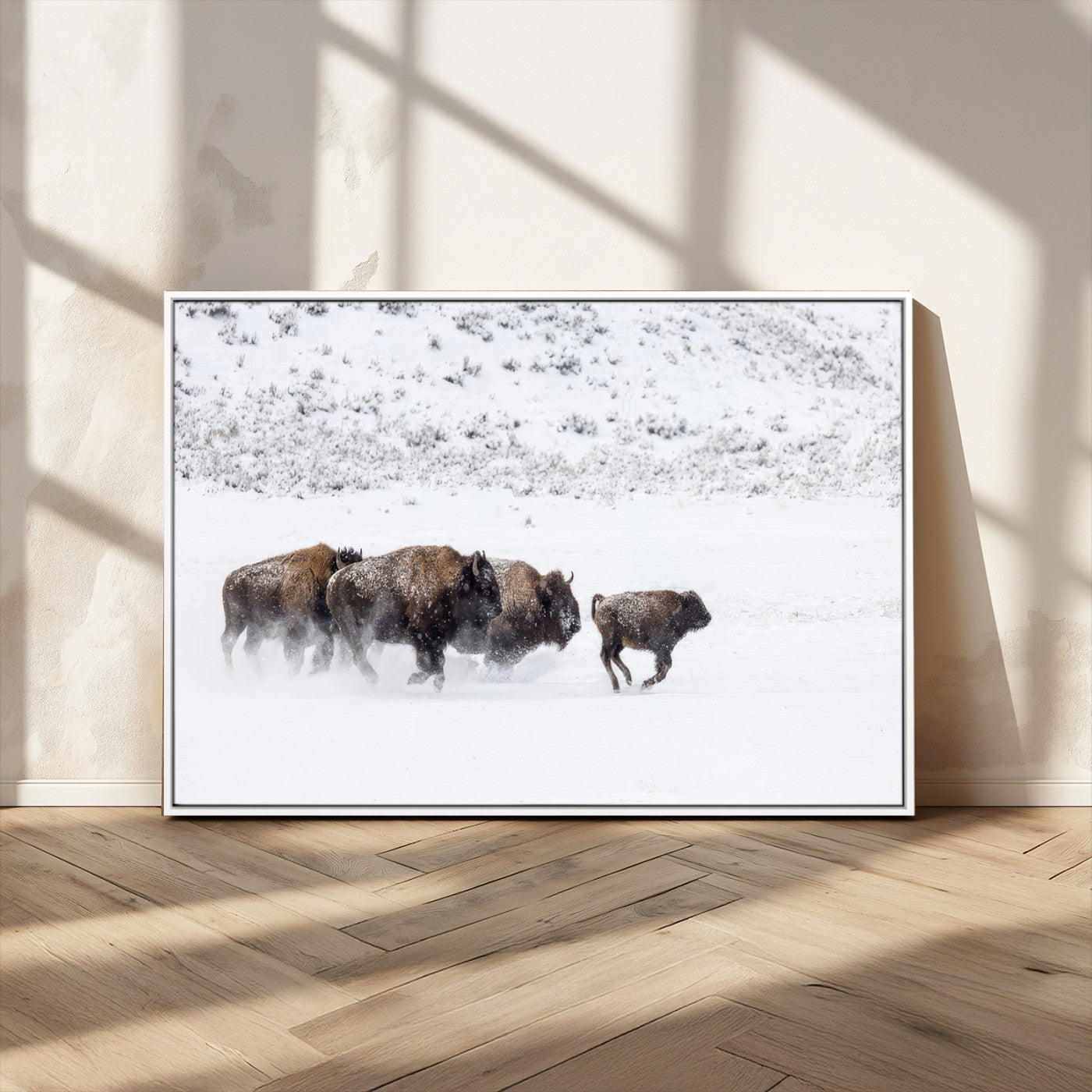 61161423-MGV-CV-36X24-Running Bison Herd Wall Art – Winter Buffalo Canvas Print, Wildlife Photography Decor for Rustic Living Room, Farmhouse, Lodge,