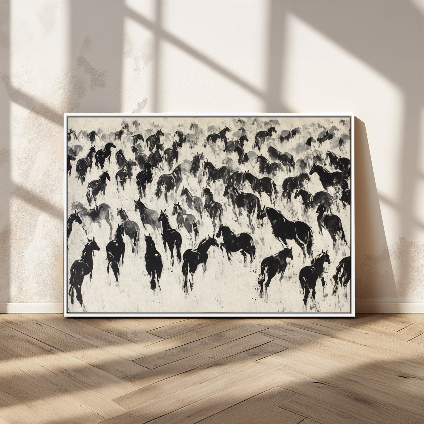 29265745-MGV-CV-36X24-Wild Horse Herd Wall Art – Black and White Galloping Horses Canvas Print, Rustic Western Farmhouse Décor for Living Room, Bedroom,