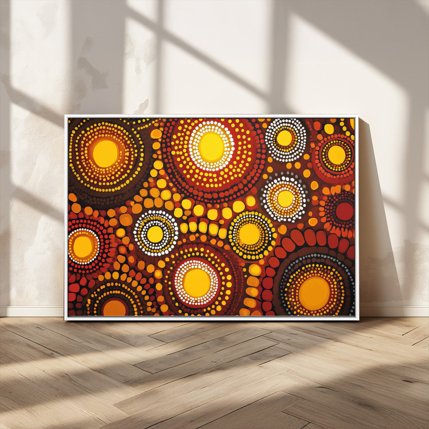 81120549-MGV-CV-36X24-Abstract Dot Painting Wall Art – Vibrant Tribal Boho Style Canvas Print with Sunburst Mandala Circles in Warm Red, Yellow, Orange