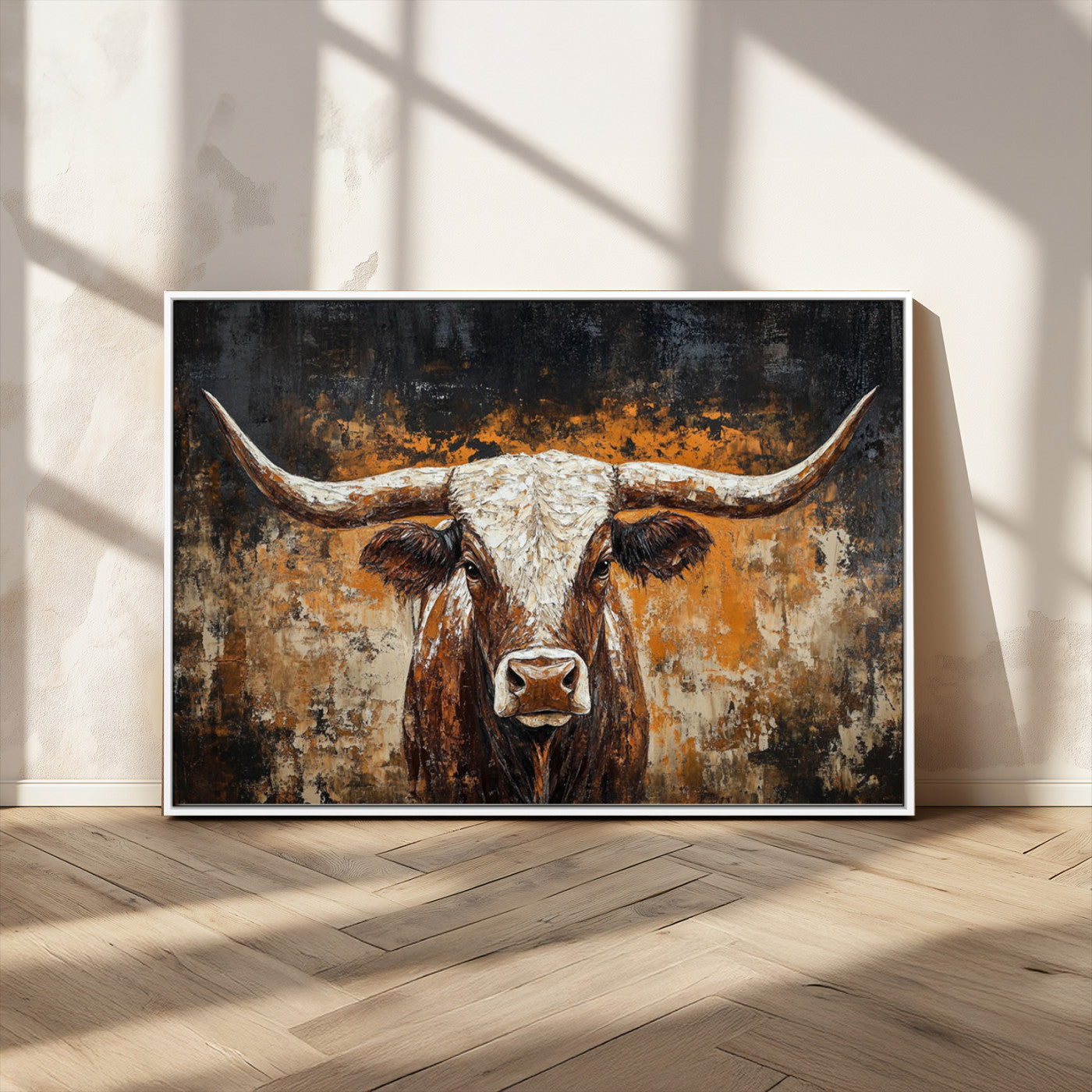 25265572-MGV-CV-36X24-Longhorn Bull Wall Art – Rustic Western Texas Steer Canvas Print, Textured Animal Painting for Home, Office, Man Cave or Farmhouse