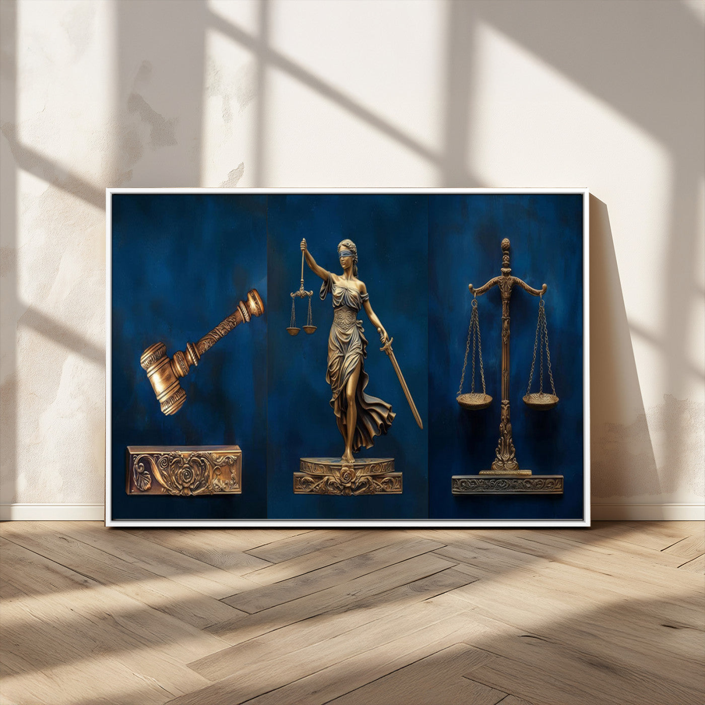91629053-MGV-CV-36X24-Lady Justice Wall Art – Golden Gavel and Scales Canvas Print, Elegant Legal Office Decor for Lawyers, Judges, Courtroom or Study