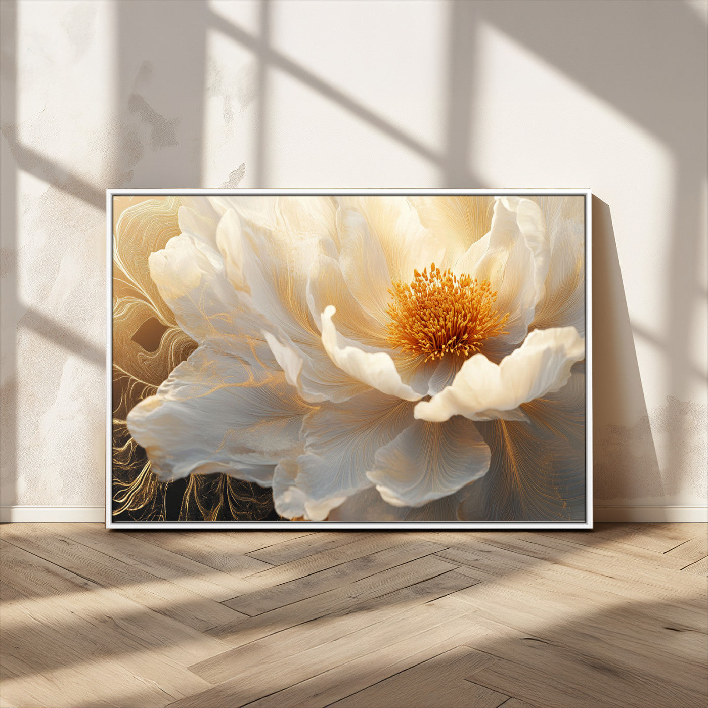 29539087-MGV-CV-36X24-Floral Wall Art – Elegant White and Gold Bloom Canvas Print, Romantic Modern Flower Artwork for Bedroom, Living Room, or Office