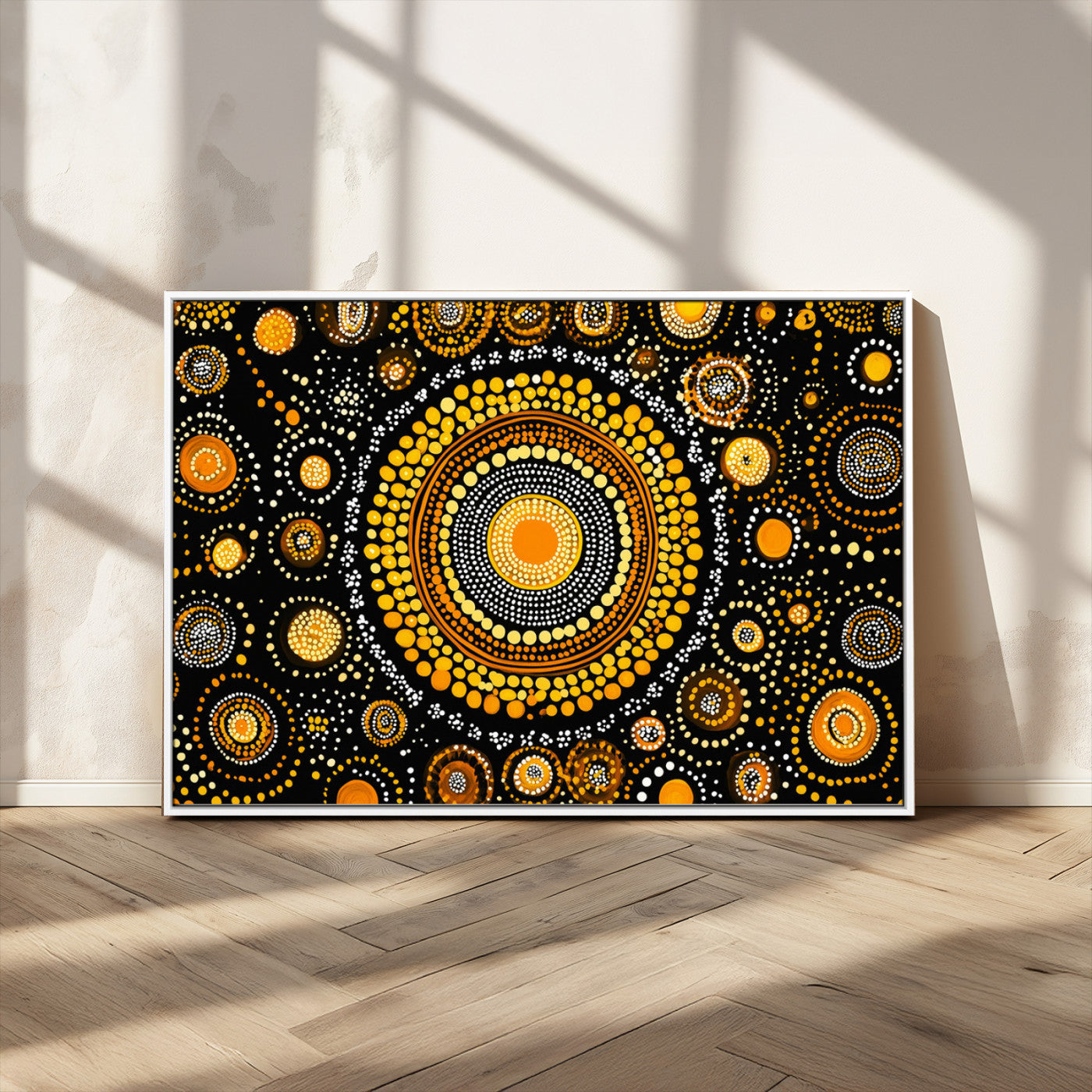 45478523-MGV-CV-36X24-Abstract Circle Wall Art – Bold Black and Gold Dot Painting Canvas Print, Modern Geometric Mandala Style Decor for Living Room or