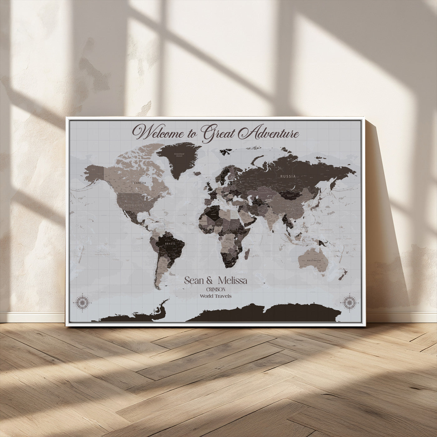 43749658-MGV-CV-36X24-Welcome to Great Adventure World Map Wall Art – Charcoal Gray Canvas Print, Rustic Travel Decor for Living Room, Study, Office or