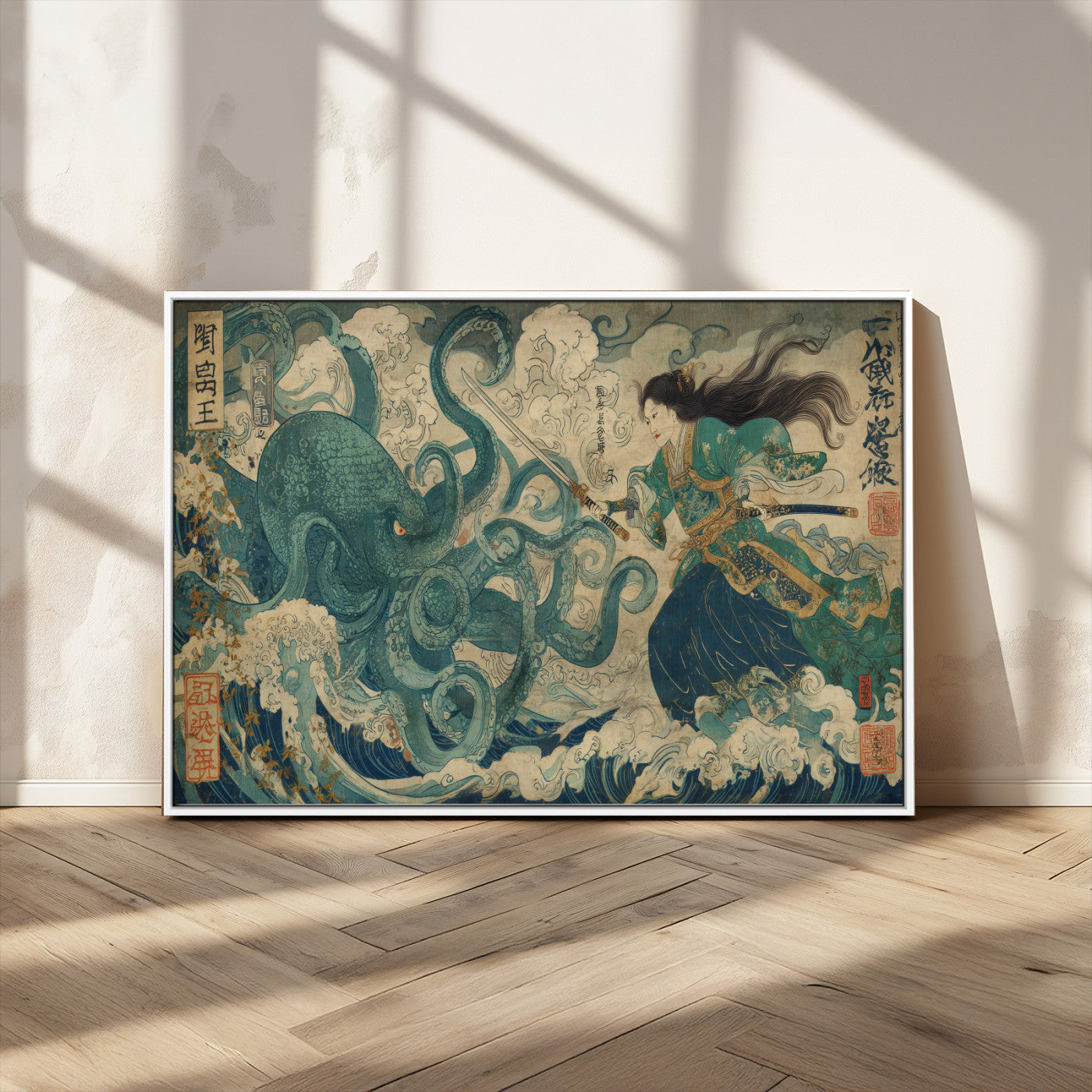 60346622-MGV-FC-36X24_White-Samurai Warrior vs Octopus Wall Art – Japanese Ukiyo-e Style Ocean Battle Canvas Print, Traditional Samurai Artwork for Living