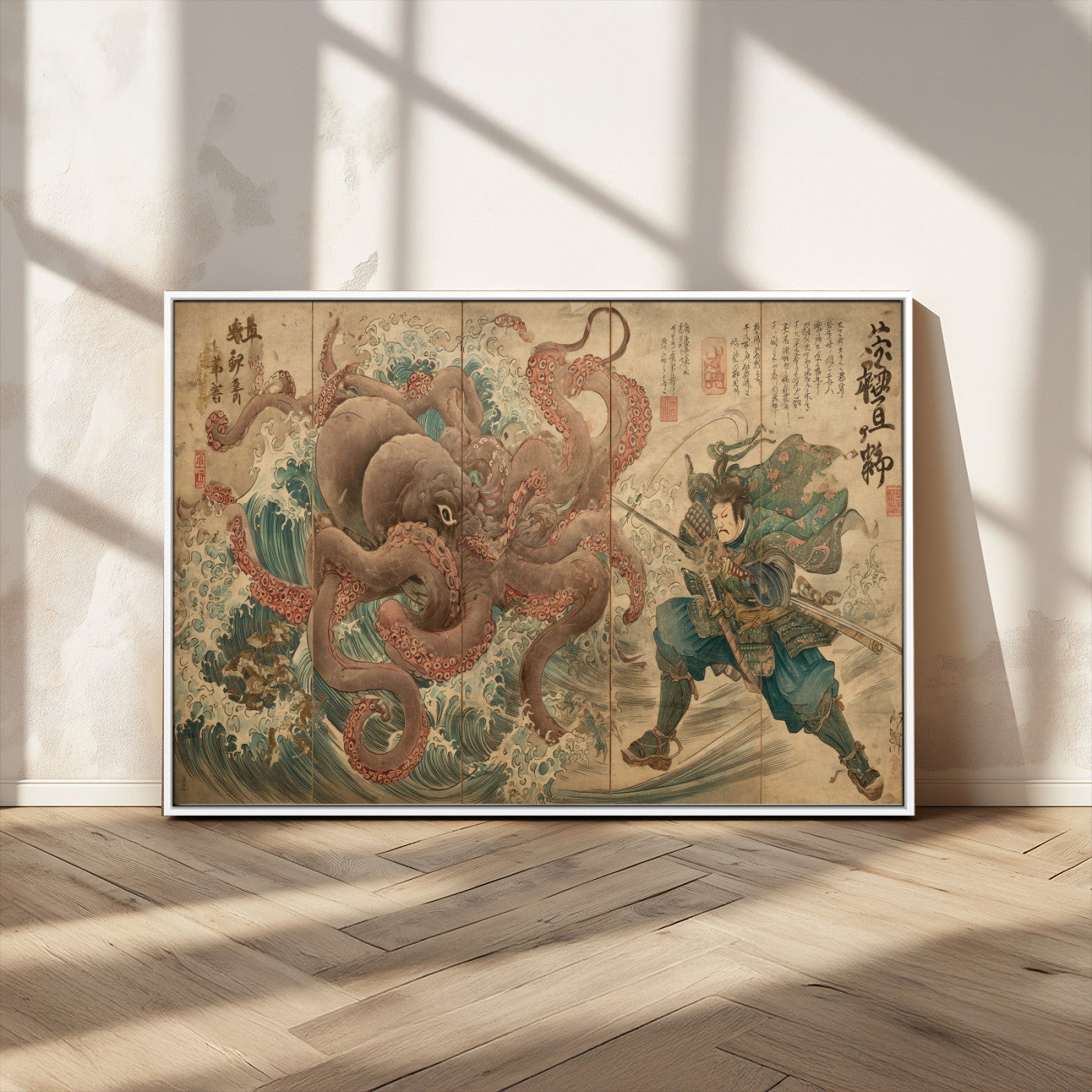 63782167-MGV-FC-36X24_White-Tsukioka Yoshitoshi Samurai Wall Art Print, Japanese Katana Warrior Canvas Wall Art, Octopus Sea Monster Canvas Print,