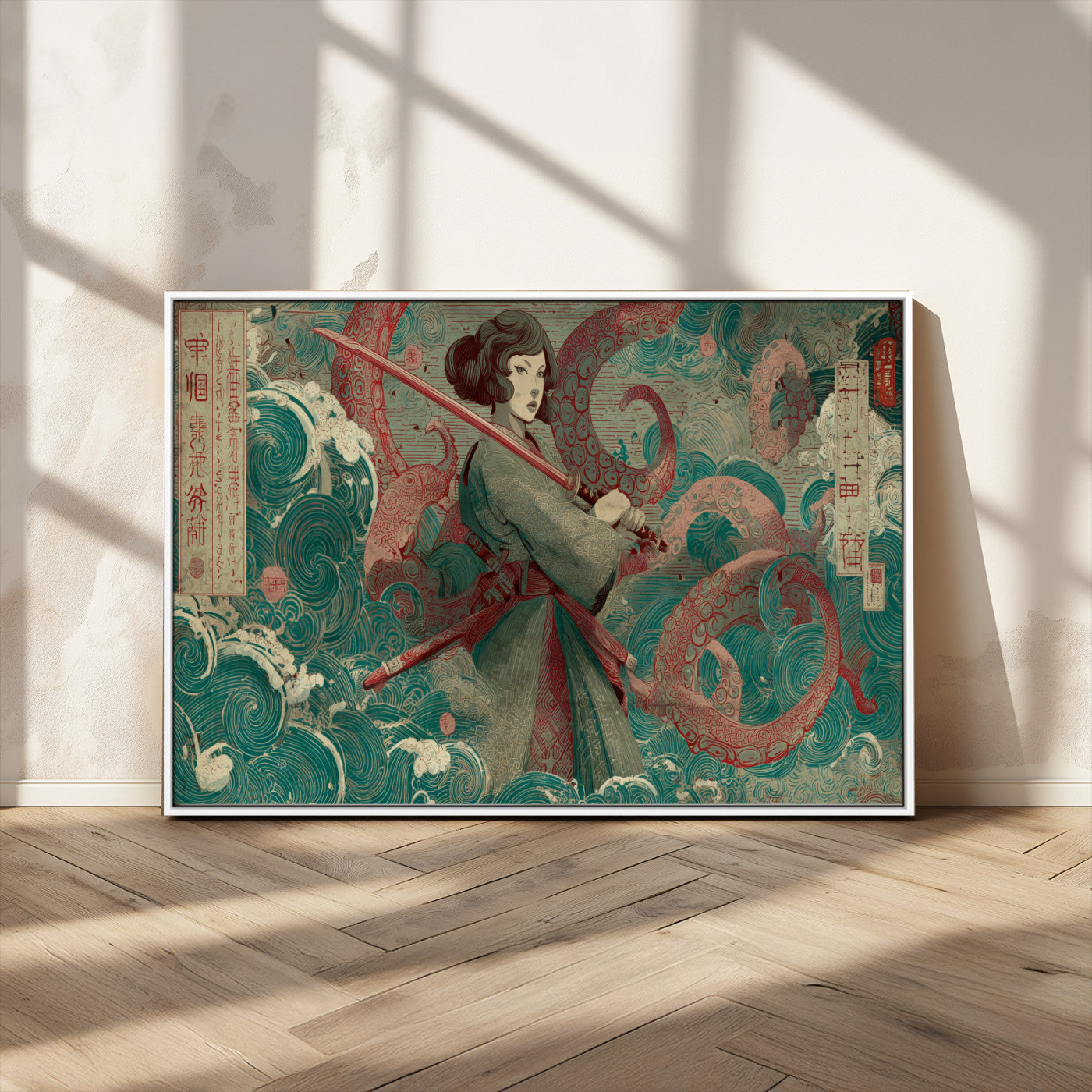 91666601-MGV-FC-36X24_White-Samurai Woman vs Octopus Wall Art – Japanese Ukiyo-e Green Robe Canvas Print, Ocean Battle Artwork for Living Room, Office, Man