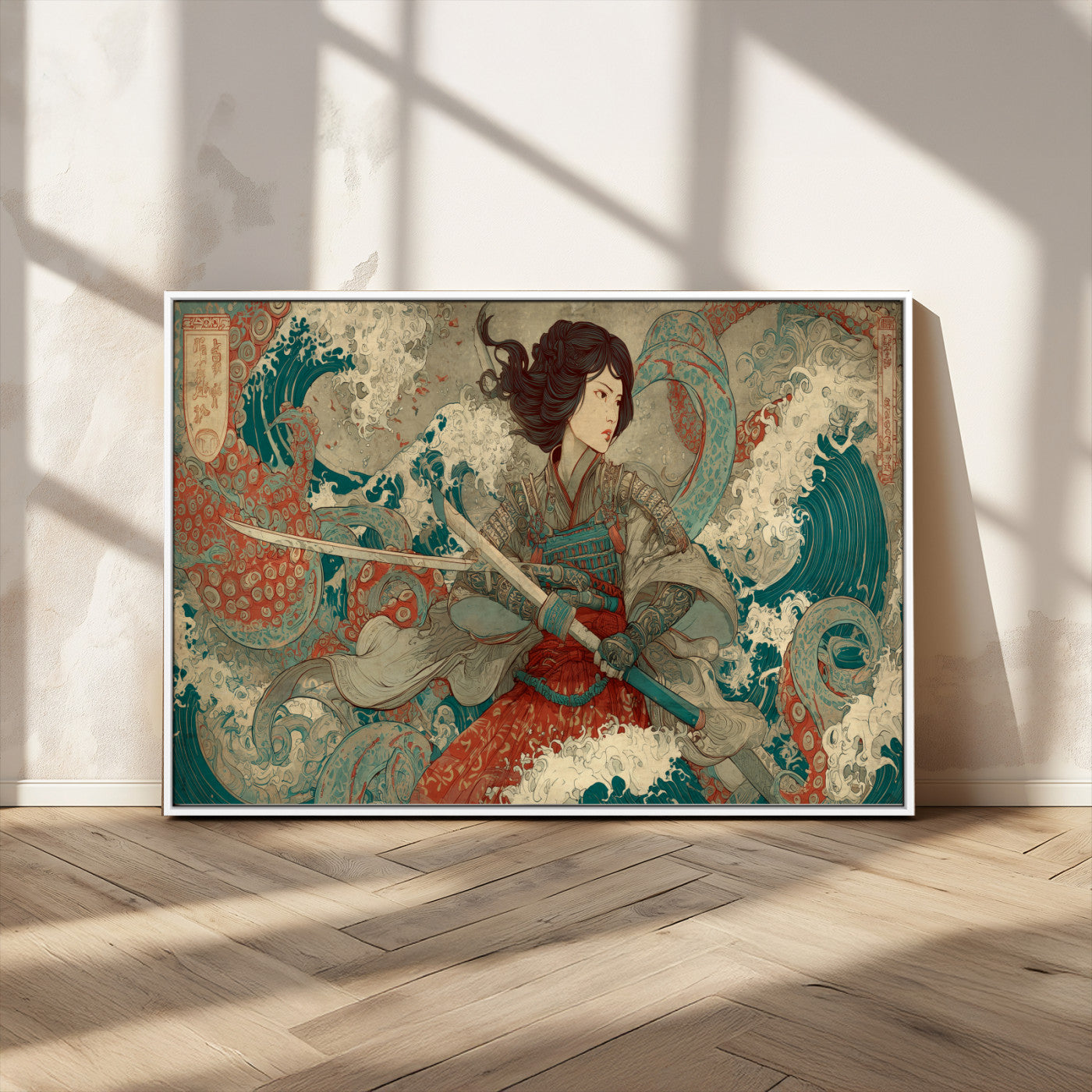 37797255-MGV-CV-36X24-Samurai Woman vs Octopus Wall Art – Japanese Ukiyo-e Red Armor Ocean Battle Canvas Print, Warrior Artwork for Living Room, Office,